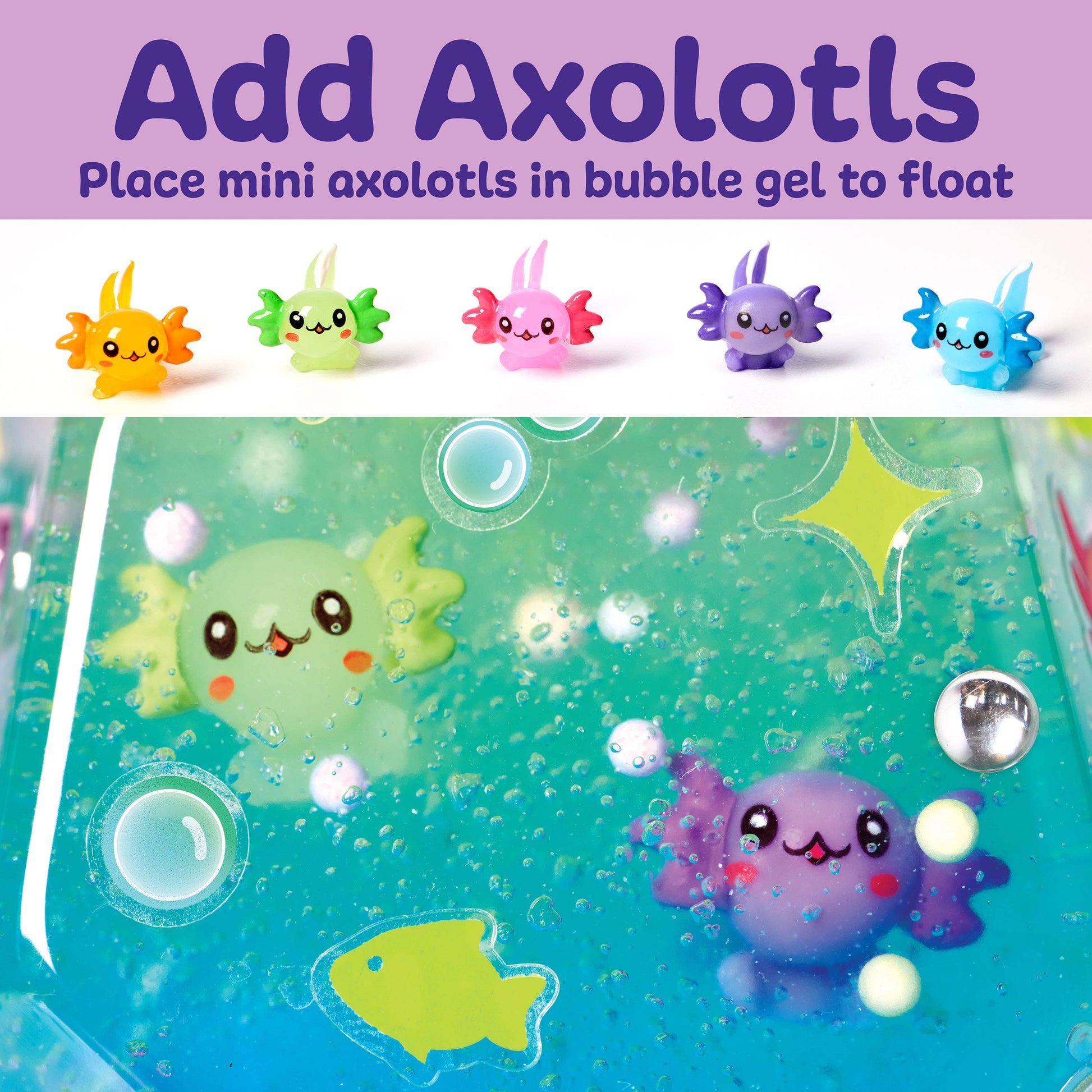 Axolotl toys with bubble gel on a purple background