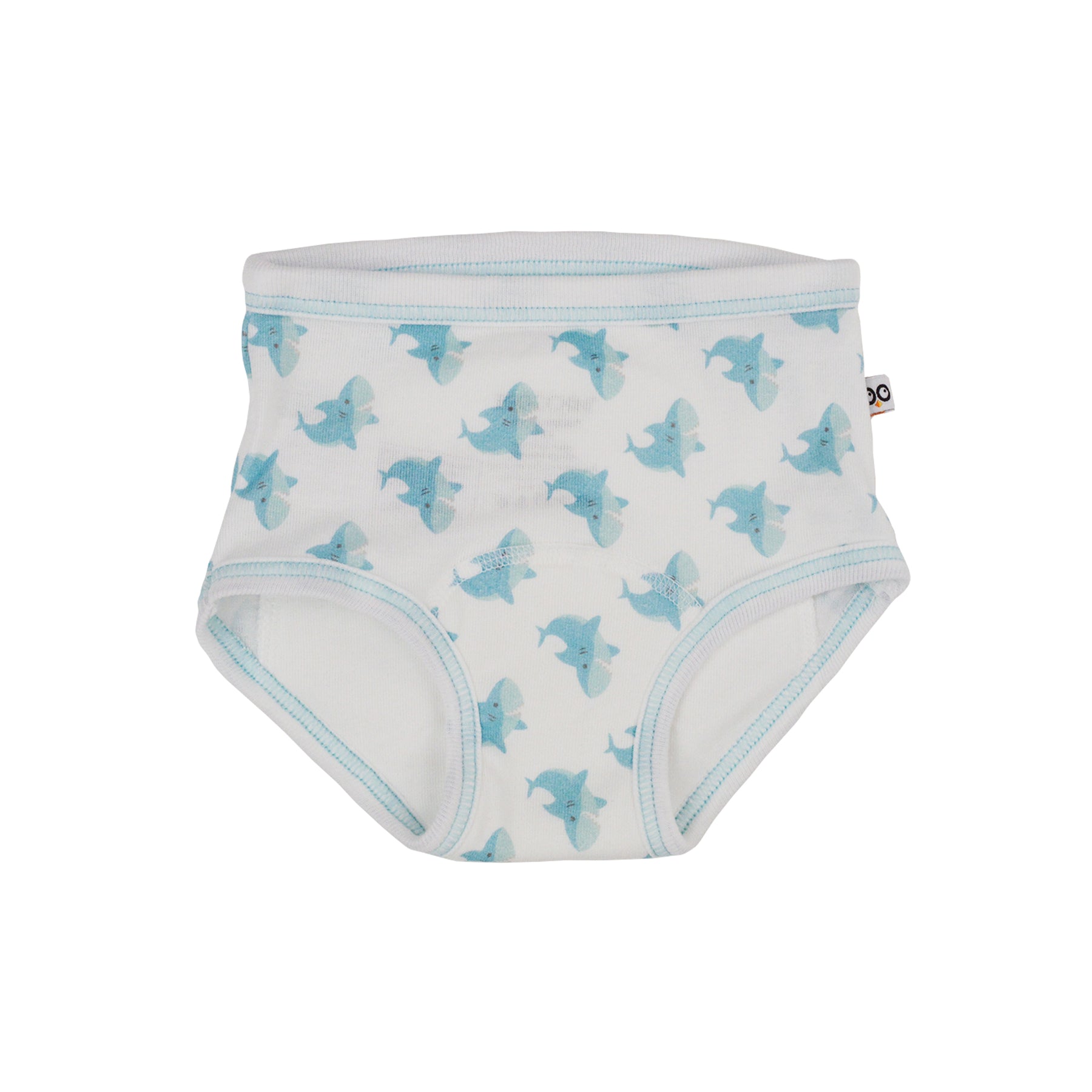 Baby diaper with blue shark pattern on a white background