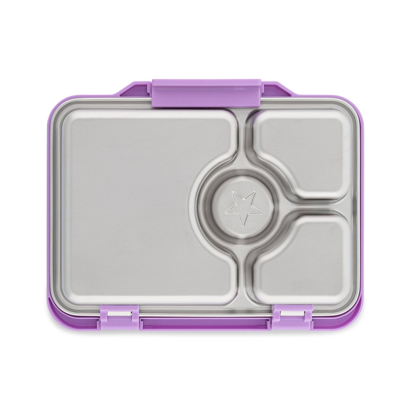 Back side of stainless steel Yumbox lunch box with purple lid on a white background