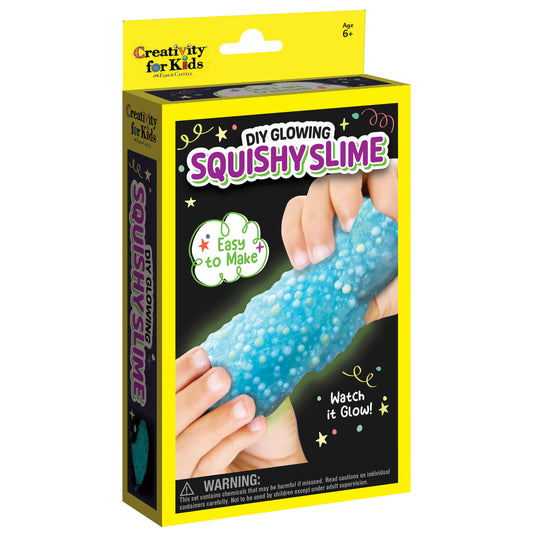 Box of Creativity for Kids DIY Glowing Squishy Slime with a hand holding blue slime.