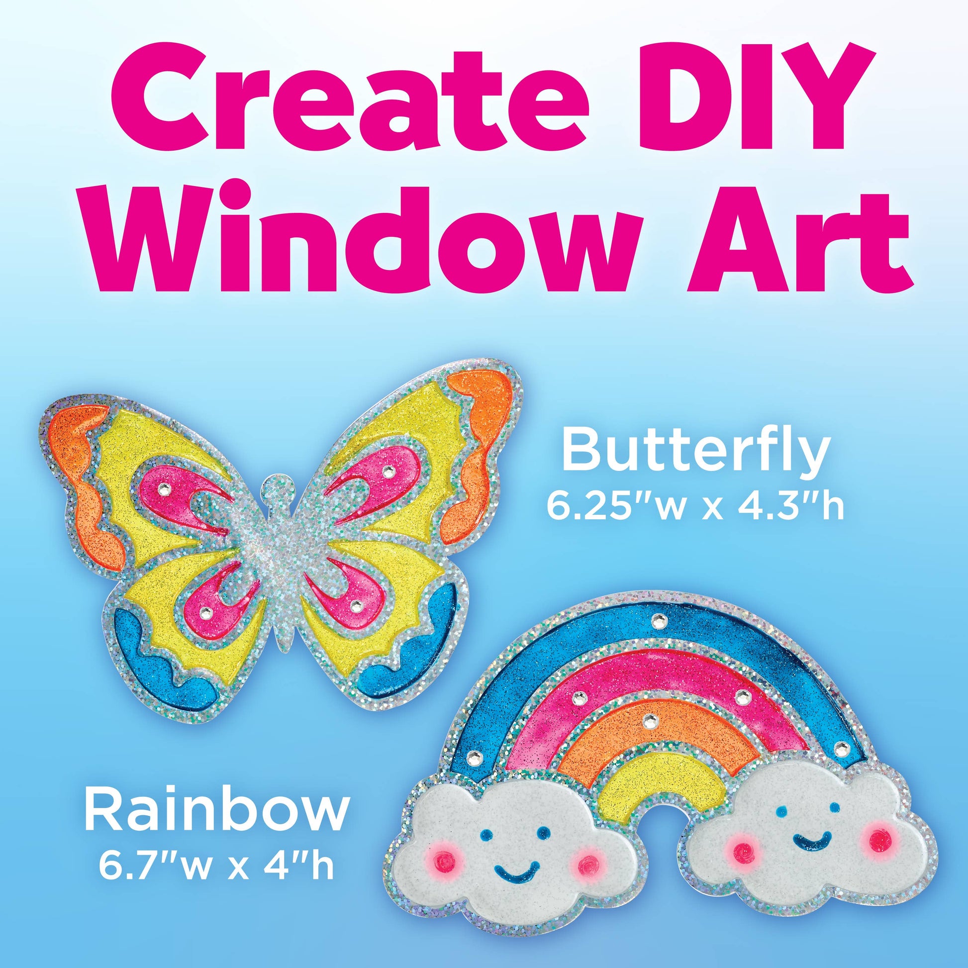 Butterfly and rainbow window art with text on a blue background