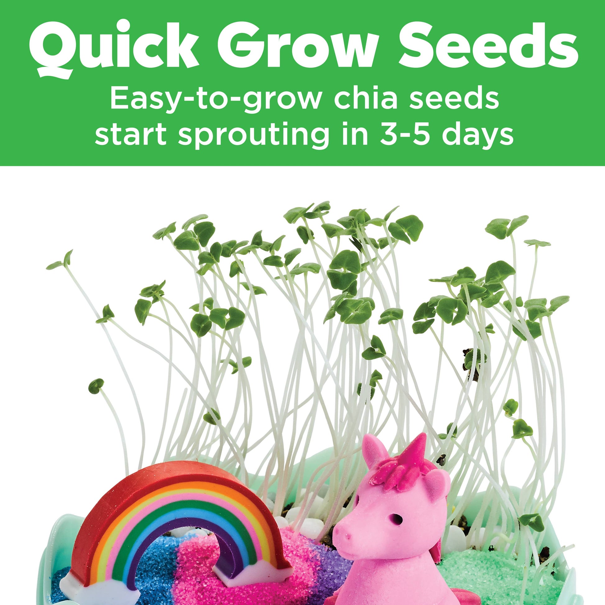 Chia seedlings with a pink unicorn and rainbow toy on a white background, promoting quick growth.