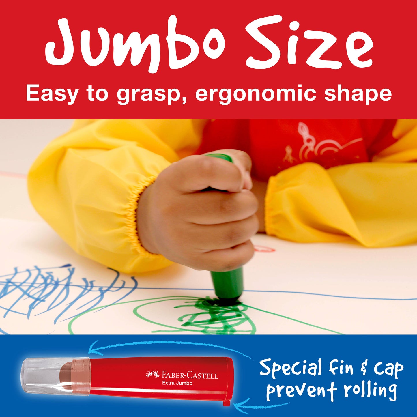 Child drawing with a green marker, wearing a yellow jacket, on a red and blue background with text about Jumbo Size markers.