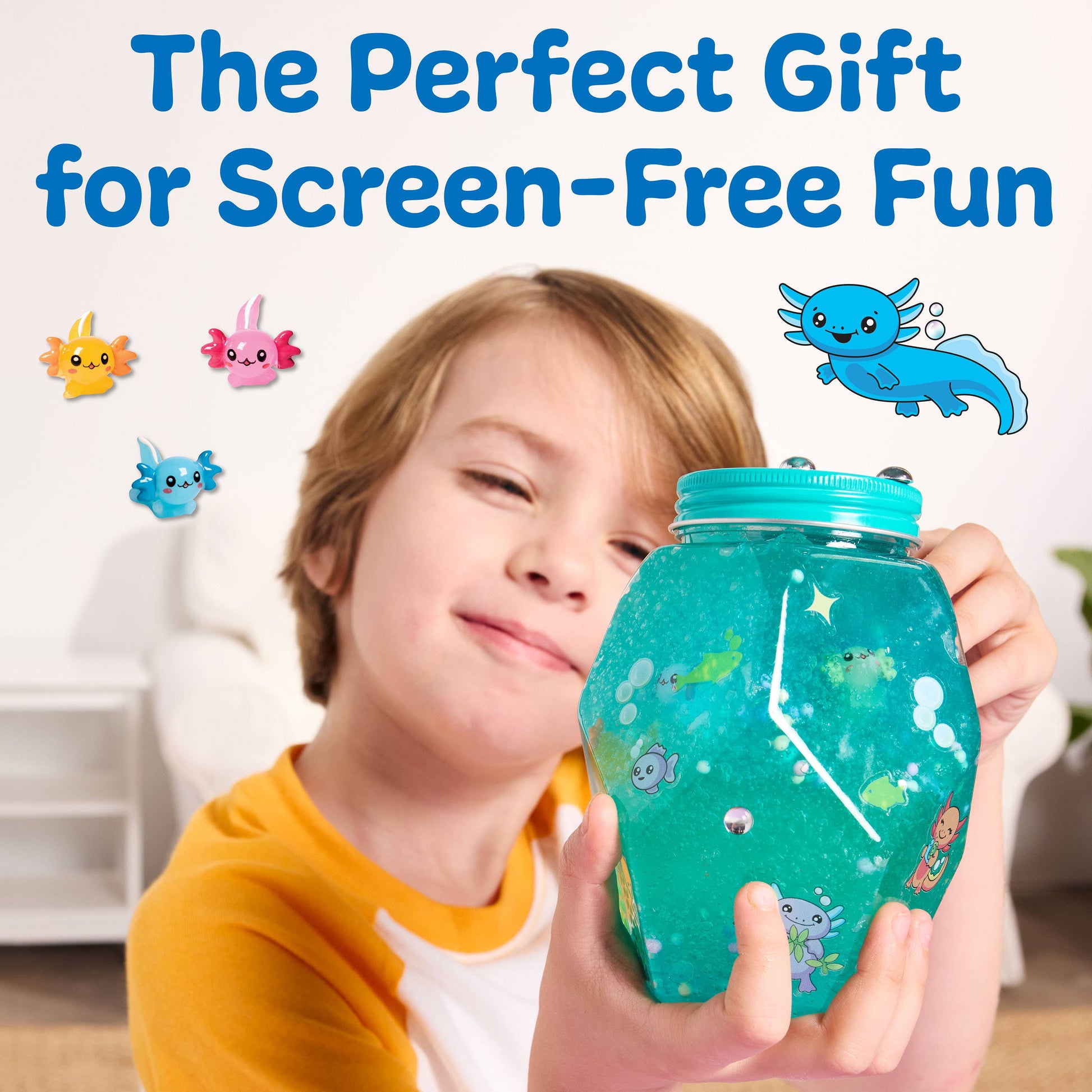 Child holding a colorful jar with screen-free fun theme, surrounded by cartoon characters.