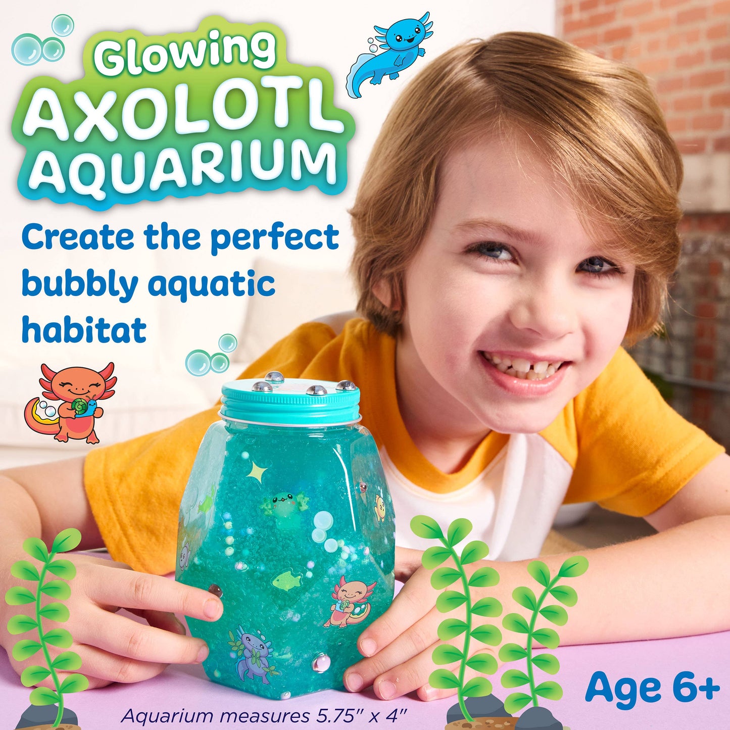 Child holding a glowing axolotl aquarium with product details and branding.