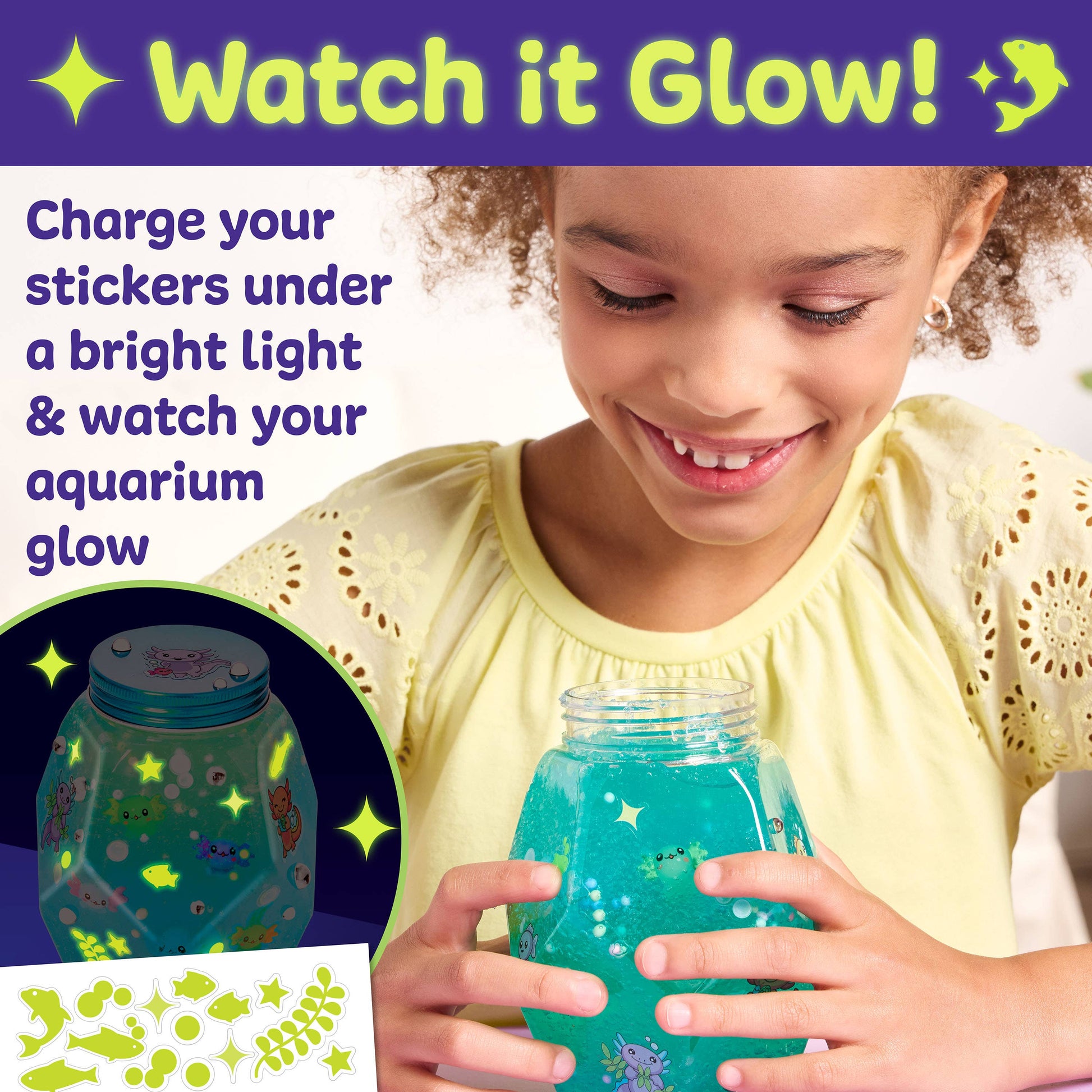 Child holding a glowing jar with text 'Watch it Glow!' and instructions on how to use stickers.