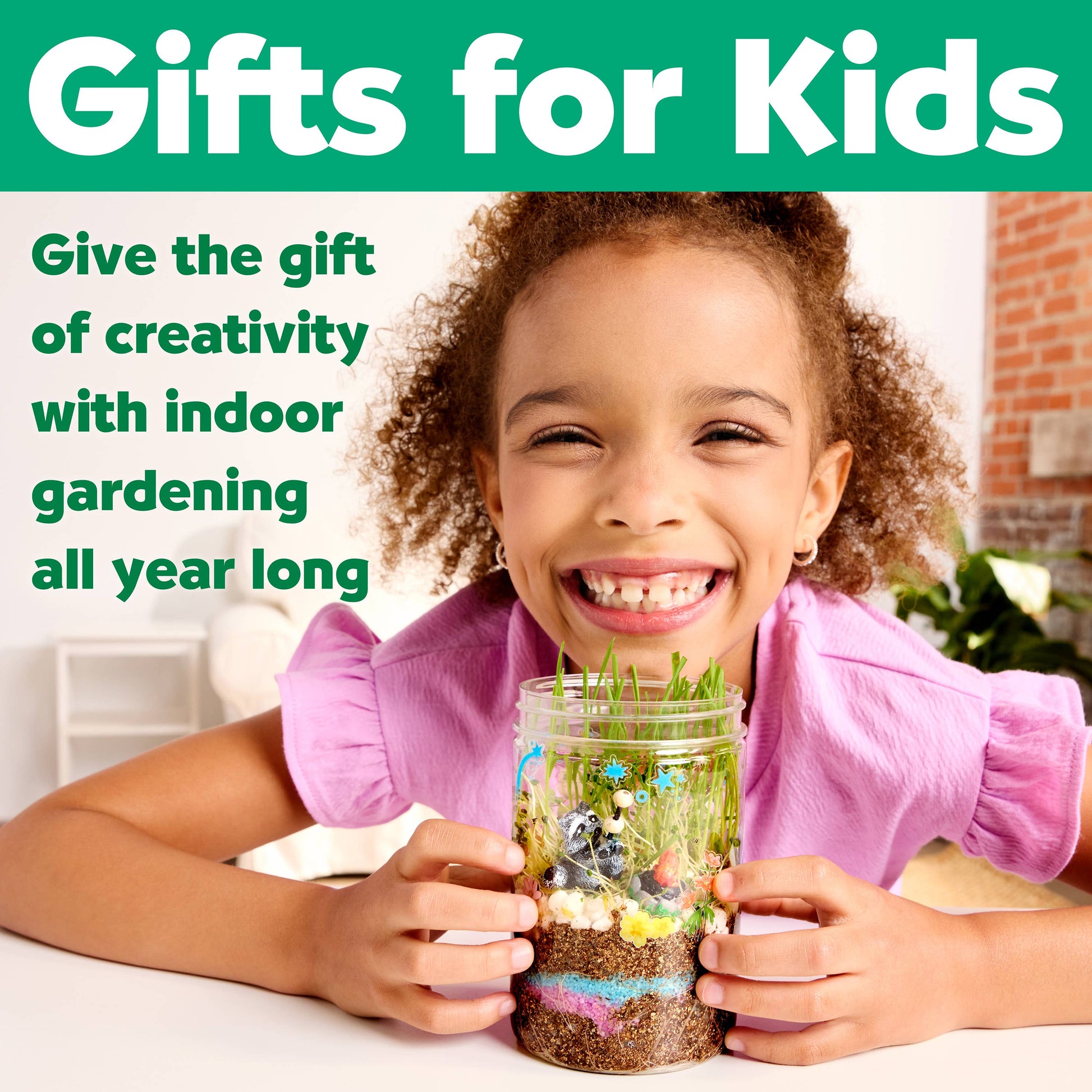 Child holding a mason jar with indoor garden, text about gifts for kids and indoor gardening.