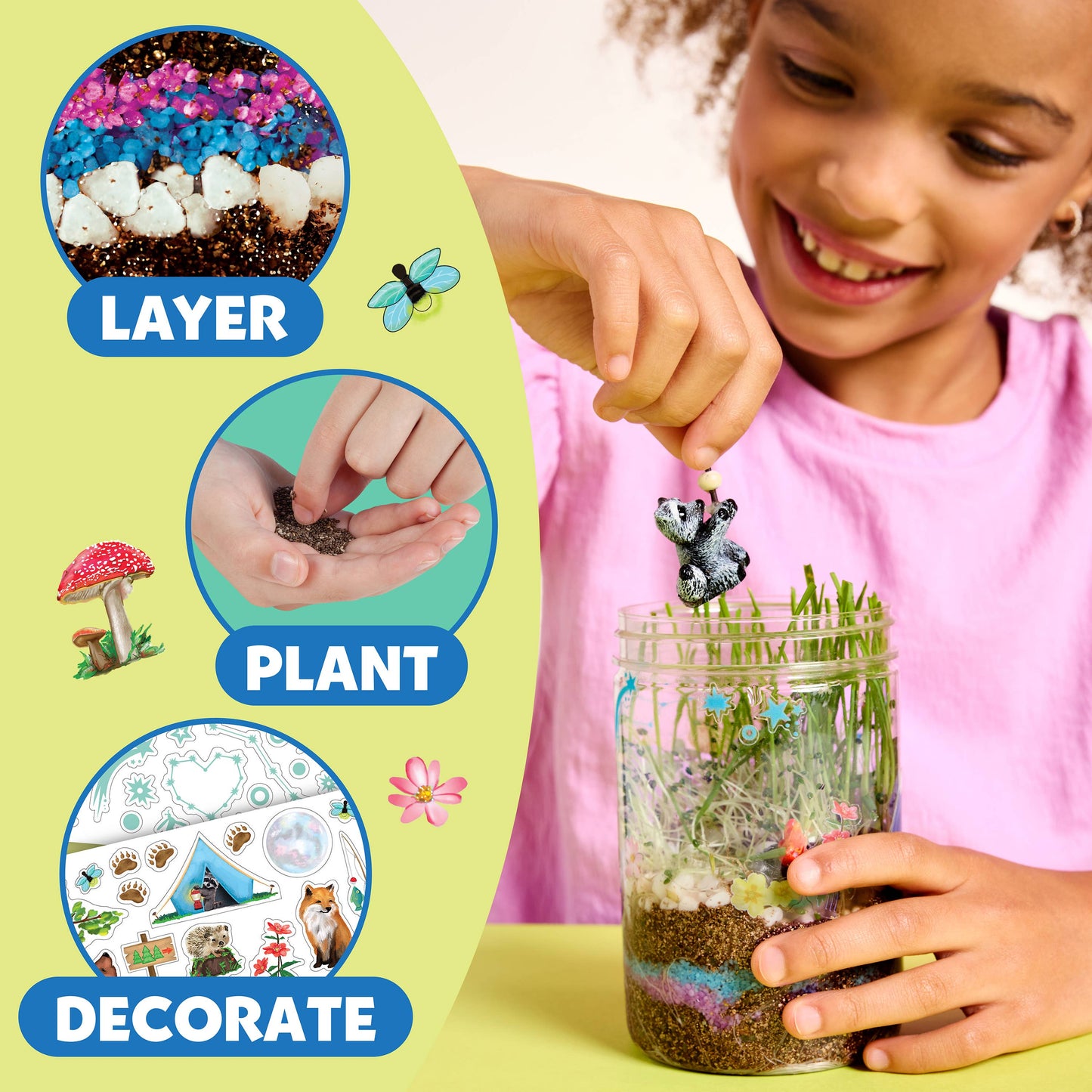 Child holding a terrarium with step-by-step instructions on a green background