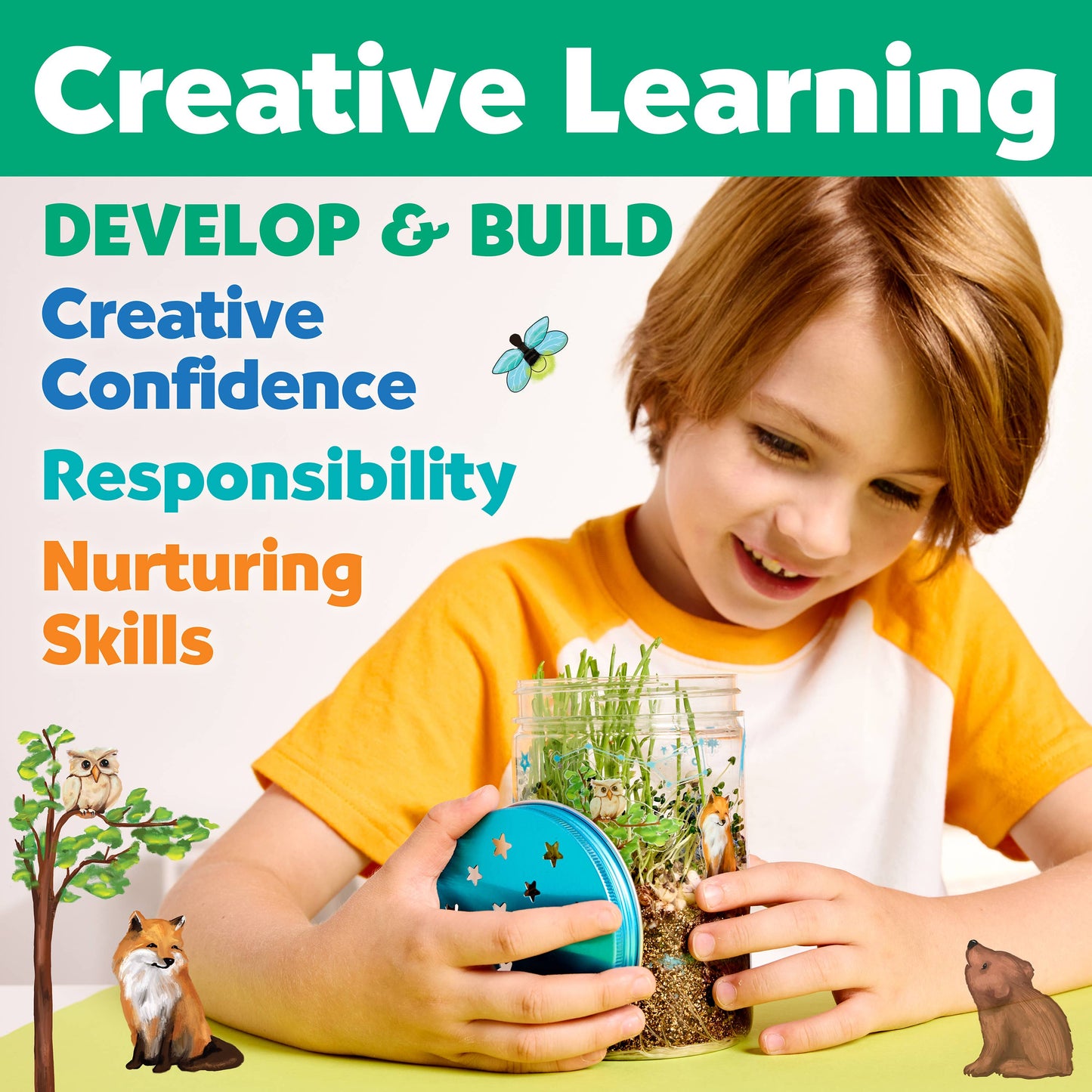 Child holding a terrarium with text about creative learning and skills development.