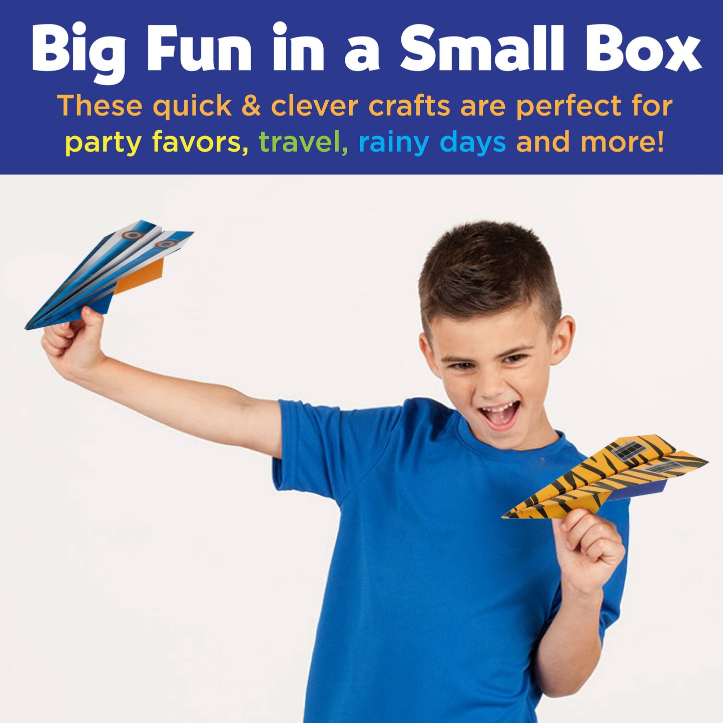 Child holding paper airplanes with text about quick and clever crafts for various activities