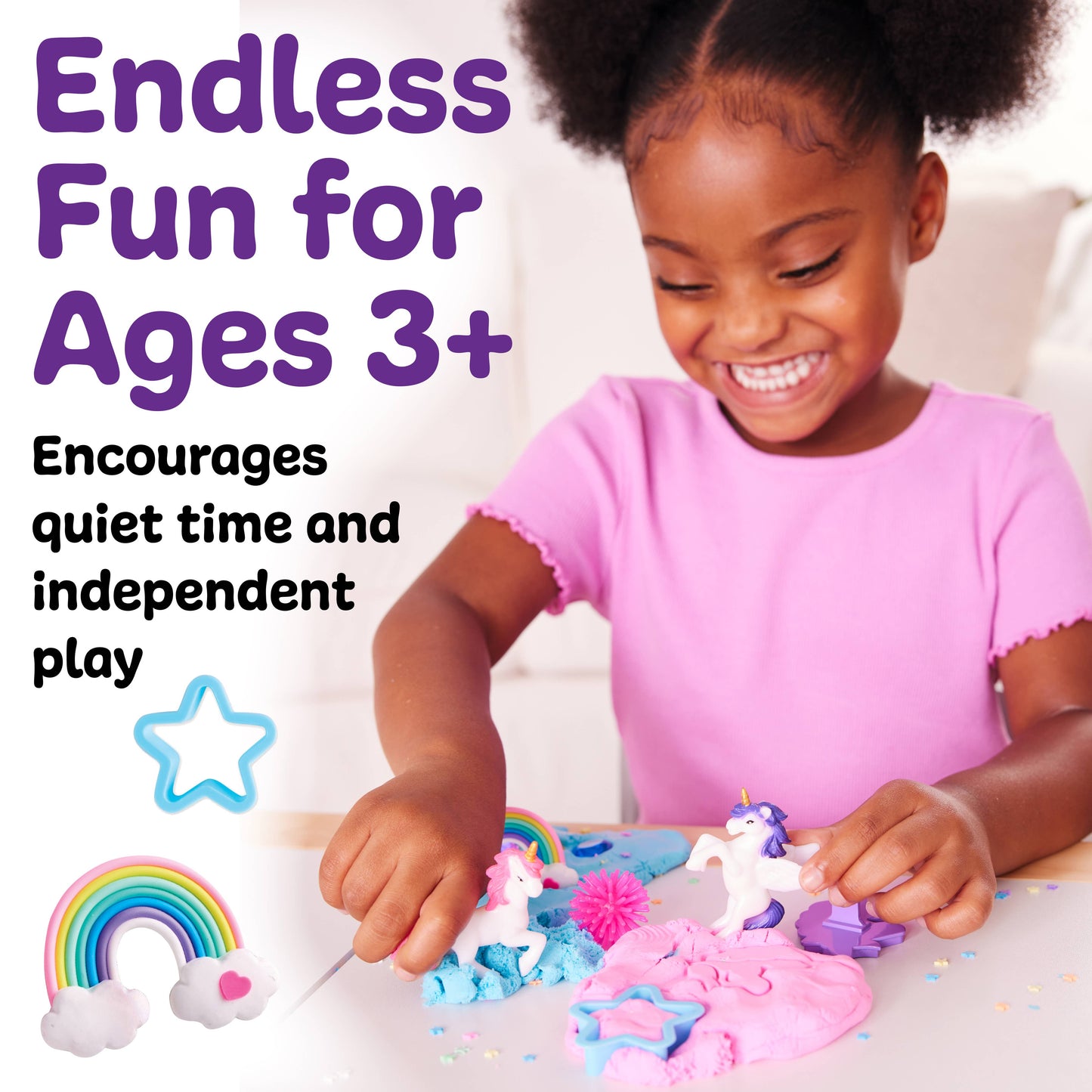 Child playing with colorful play dough on a table, with text about endless fun for ages 3+.
