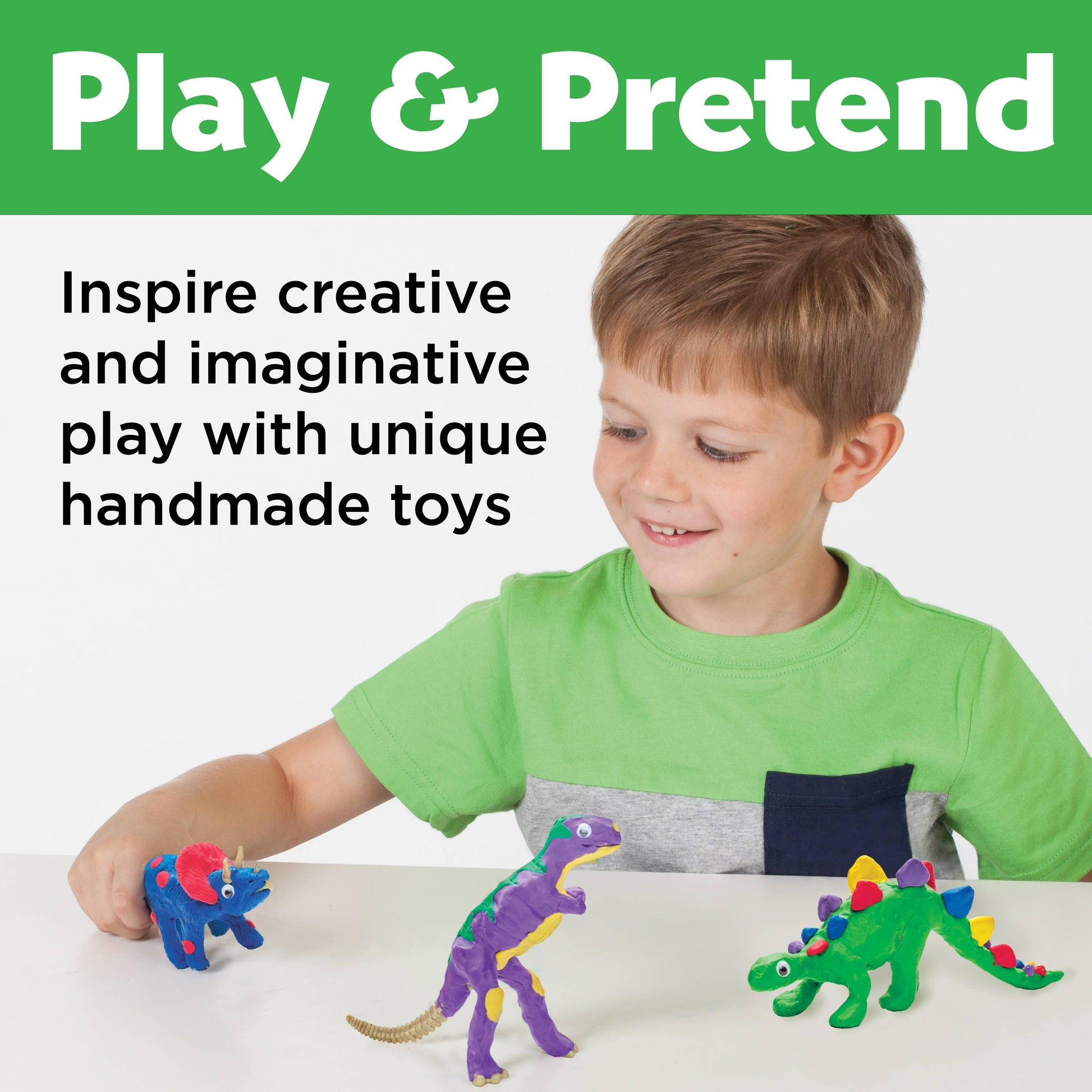 Child playing with colorful toy dinosaurs on a white surface, with text promoting creative and imaginative play.