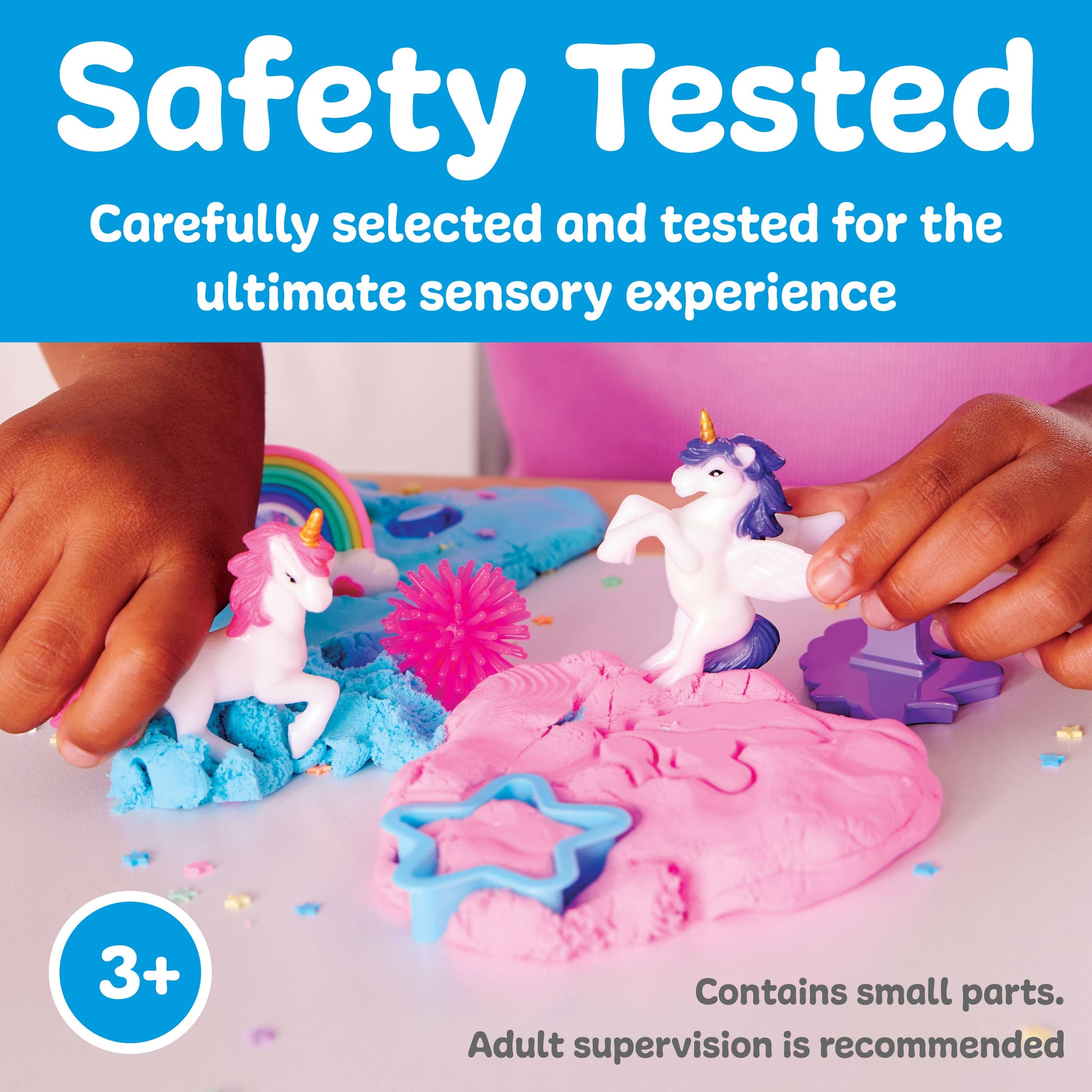 Children playing with colorful play dough and unicorns on a table, with text indicating safety testing and age recommendation.