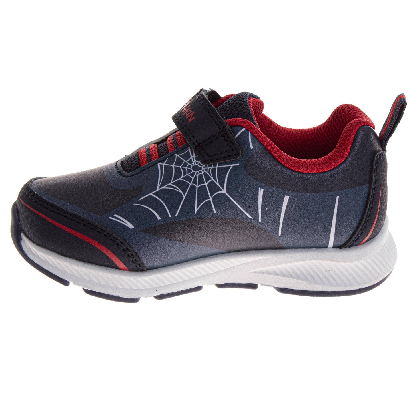 Children's shoe with spider web design on a white background