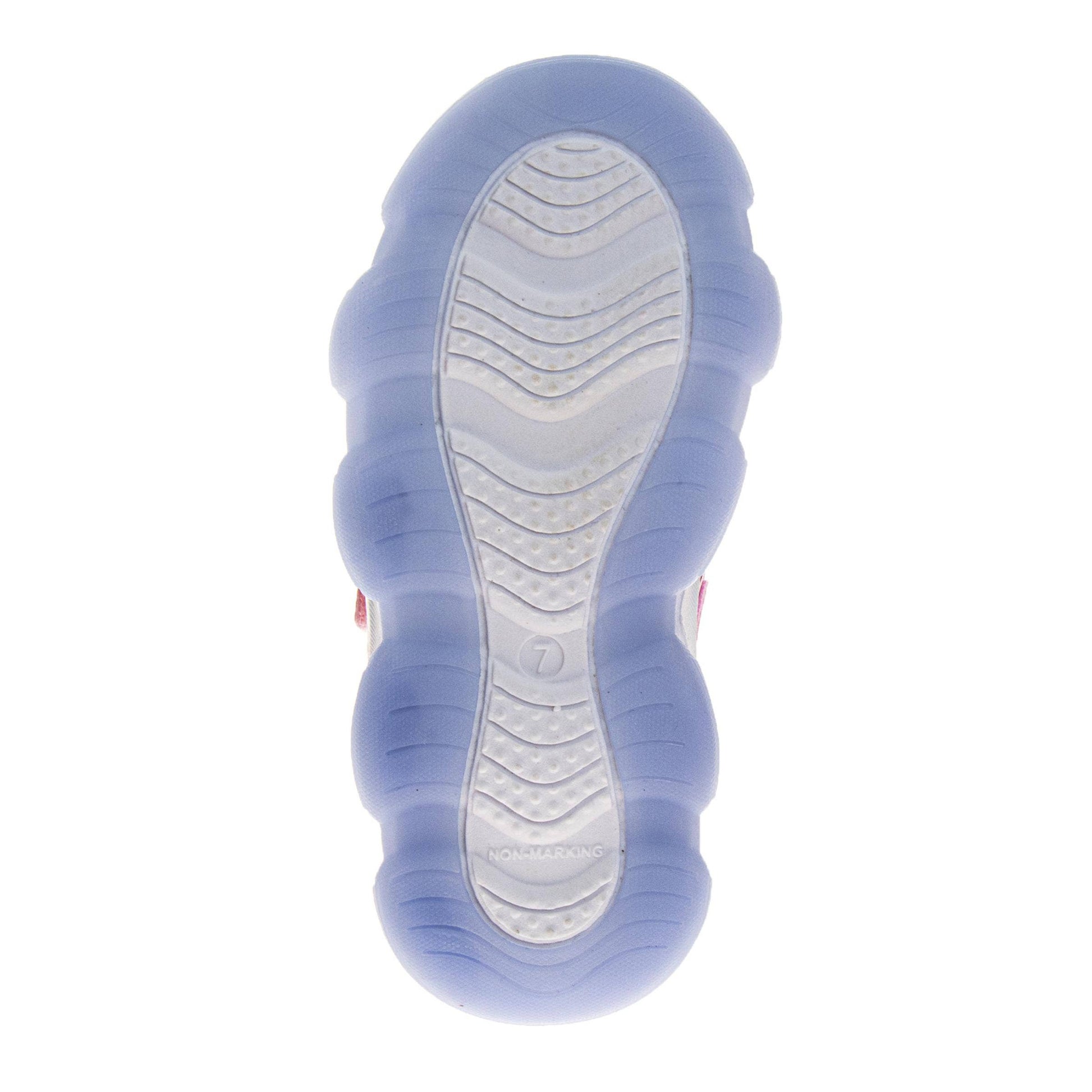 Close-up of a shoe sole with a white tread pattern on a light blue and white sole.