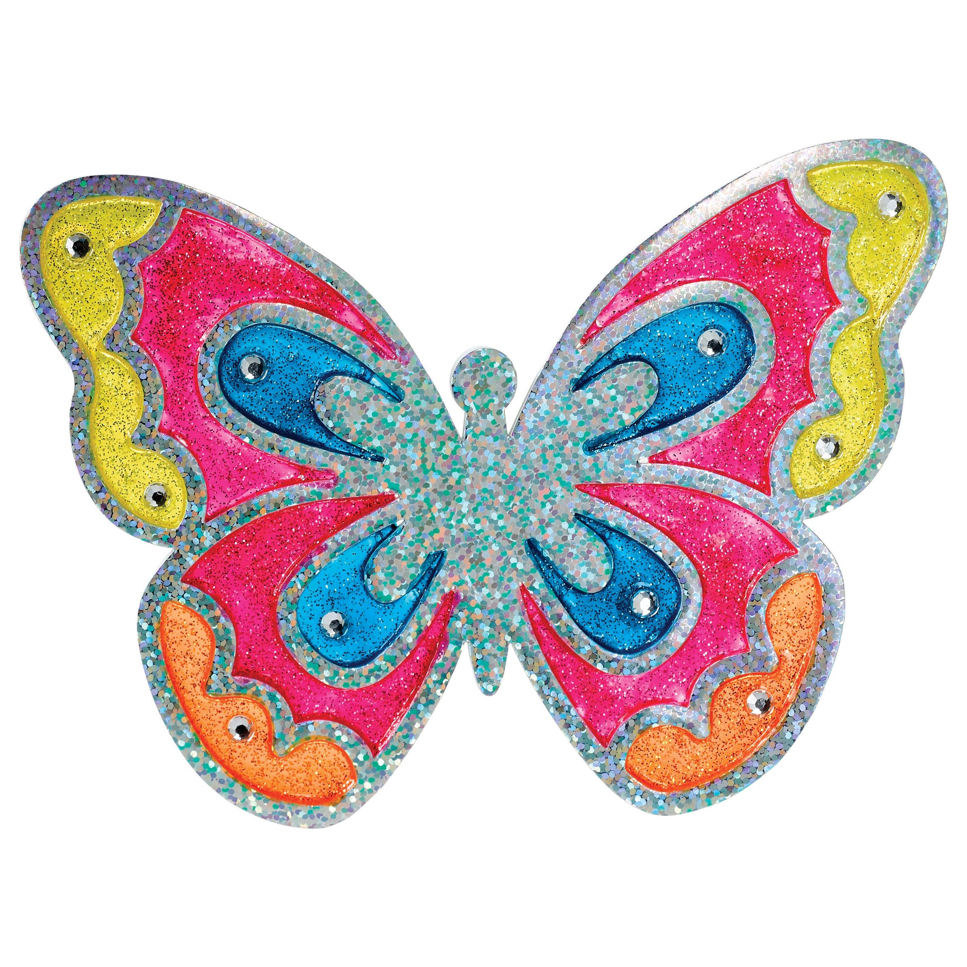 Colorful butterfly-shaped object with pink, blue, yellow, and orange colors on a white background
