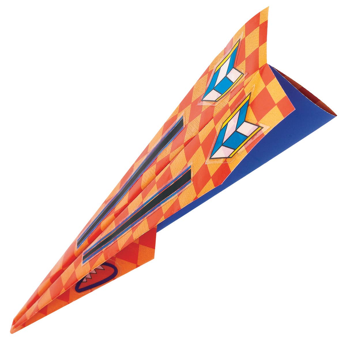Colorful geometric-patterned paper airplane on a white background