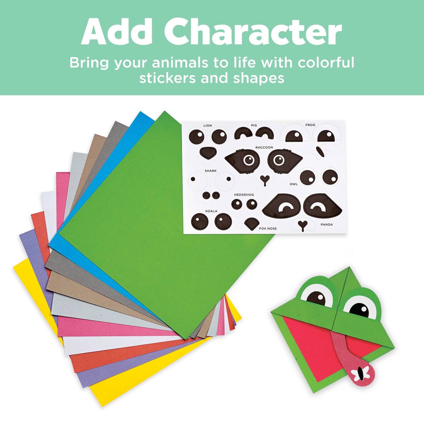 Colorful paper sheets and stickers with a character creation example on a white background