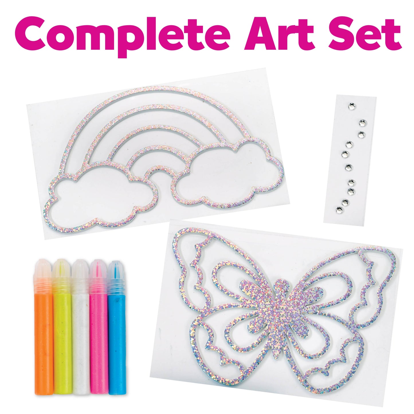 Complete art set with glittery rainbow, cloud, and butterfly designs, along with colorful paints.