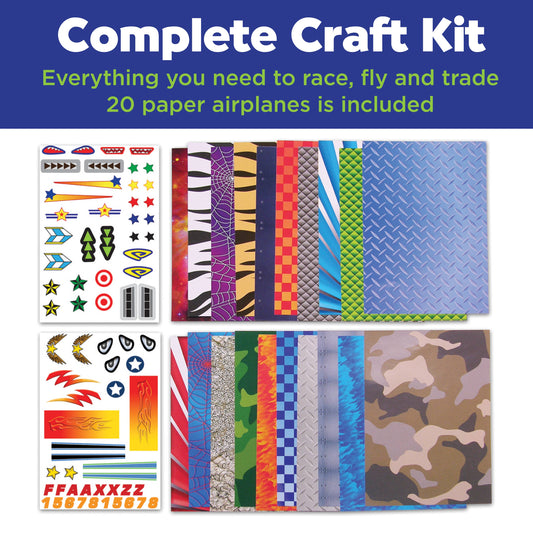 Complete craft kit with paper airplanes and decorative sheets on a blue background