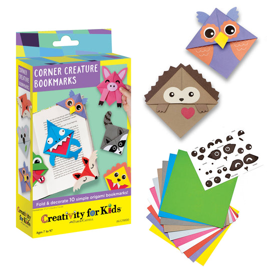 Creativity for Kids Corner Creature Bookmarks kit with packaging, bookmarks, and templates on a white background.