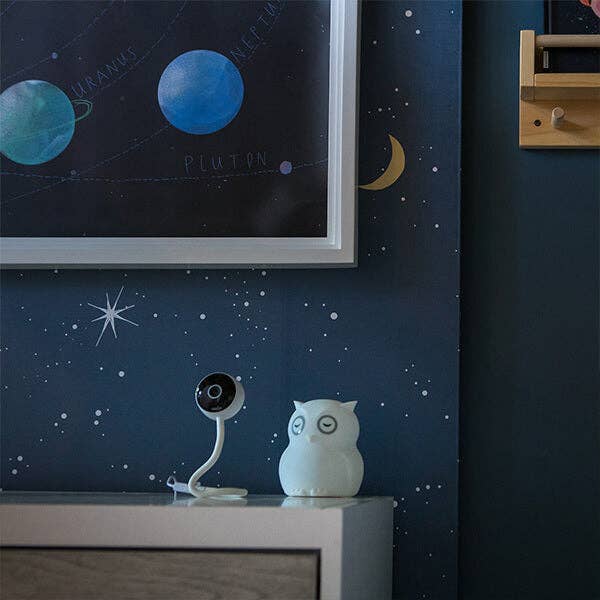 Decorative night light shaped like an owl on a shelf with a framed space-themed poster on the wall.
