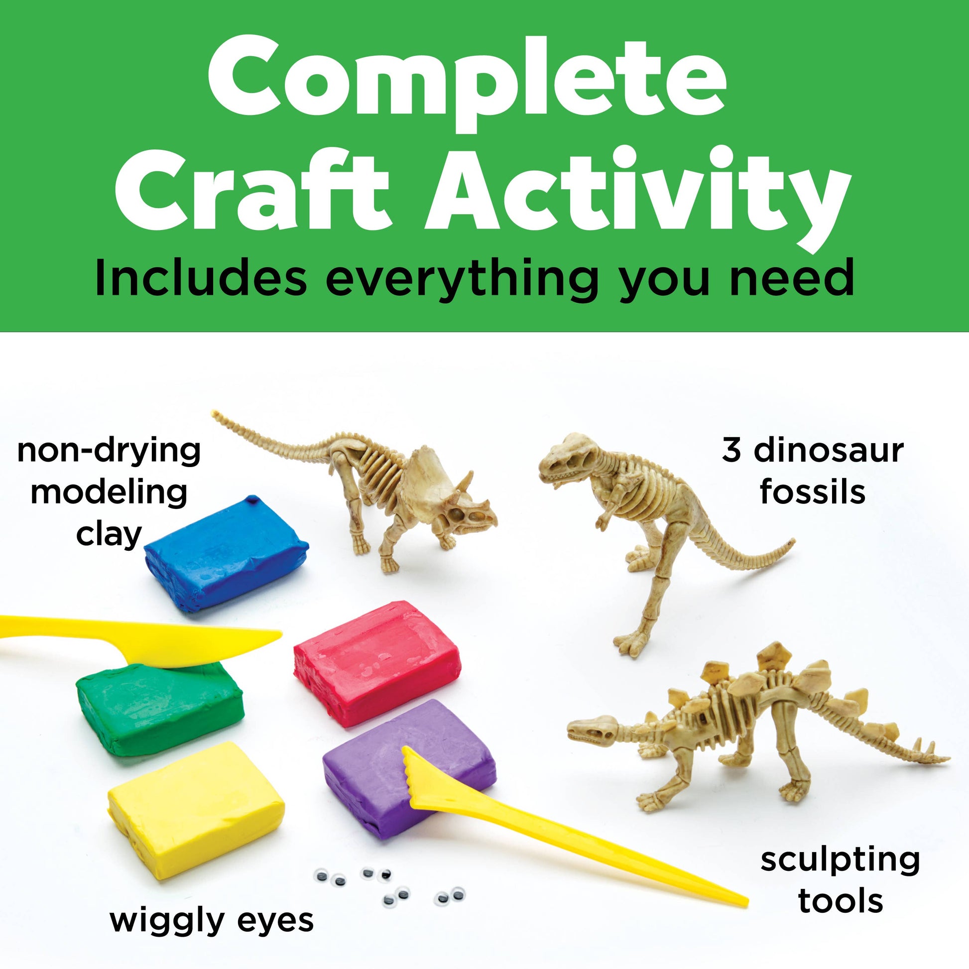 Dinosaur craft kit with non-drying modeling clay, dinosaur fossils, wiggly eyes, and sculpting tools on a white background.