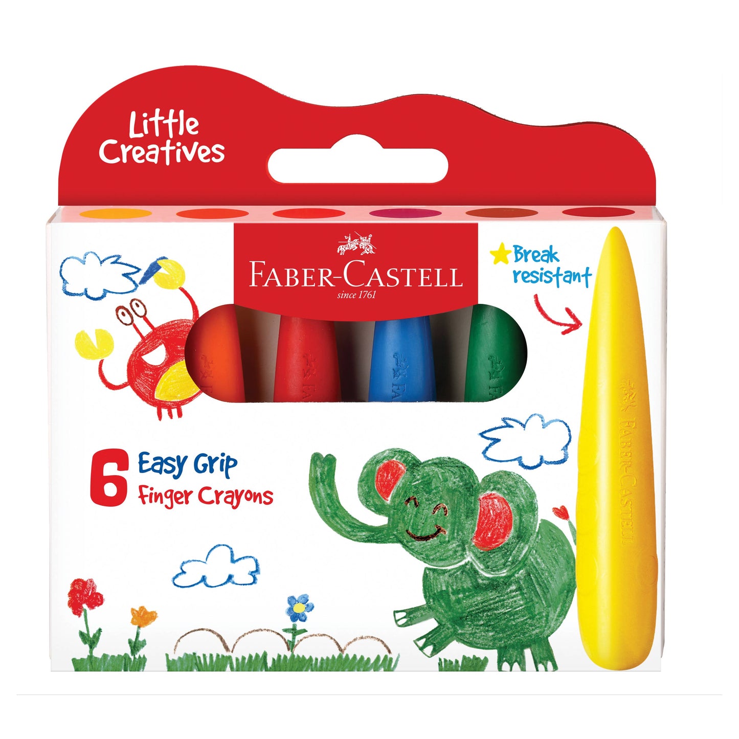 Faber-Castell Little Creatives finger crayons set with colorful packaging on a white background