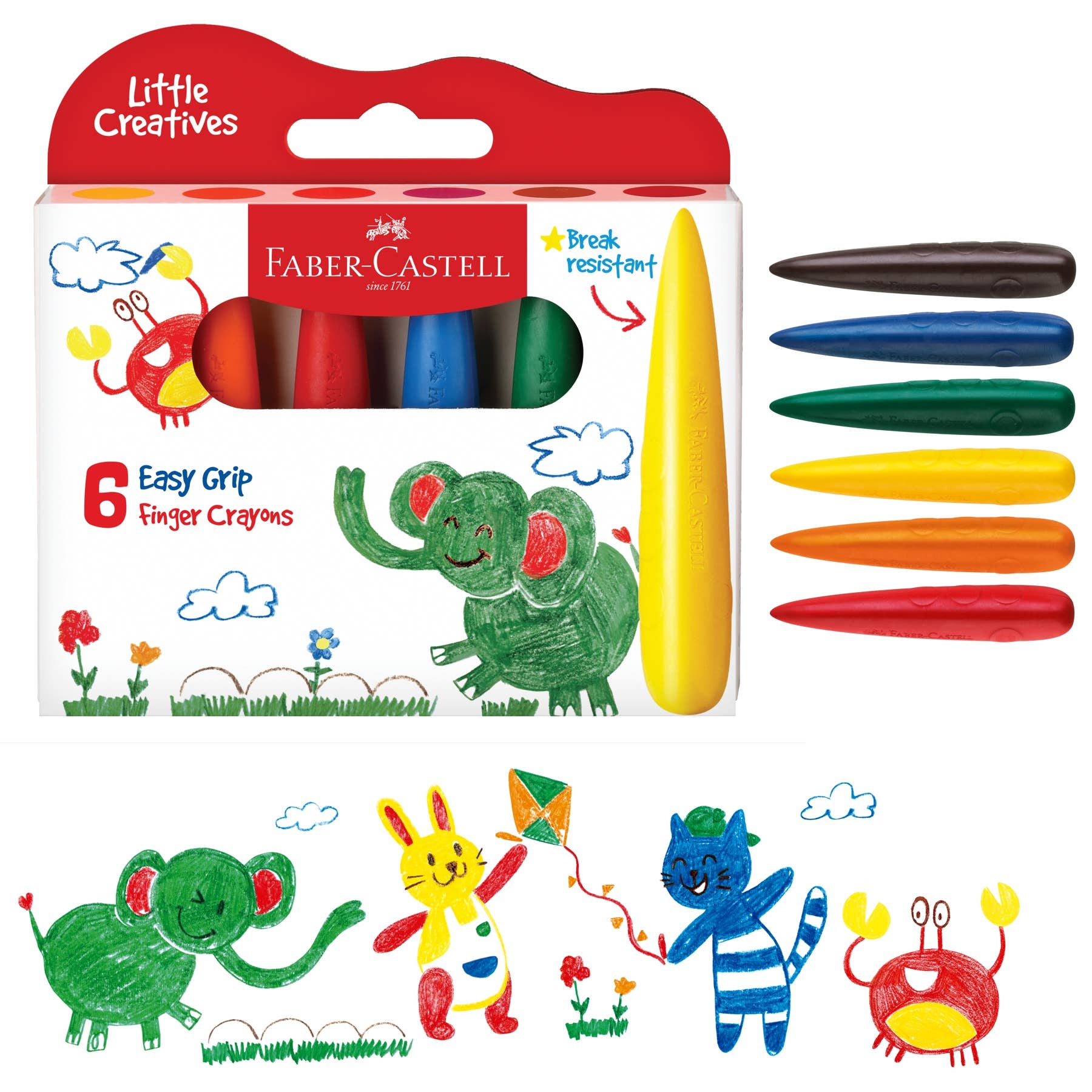 Faber-Castell Little Creatives finger crayons set with packaging on a white background