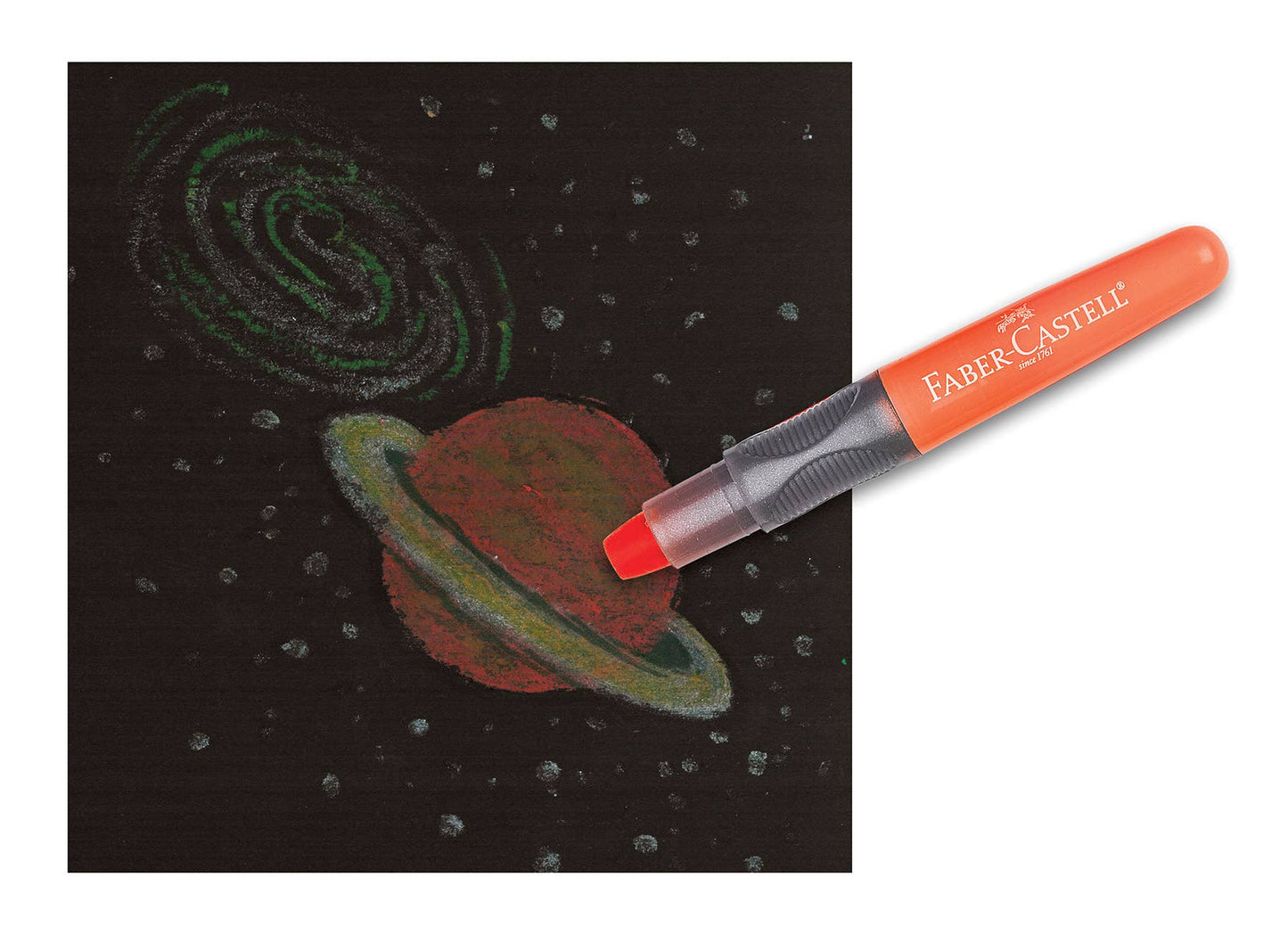 Faber-Castell chalk with a drawing of Saturn on a blackboard