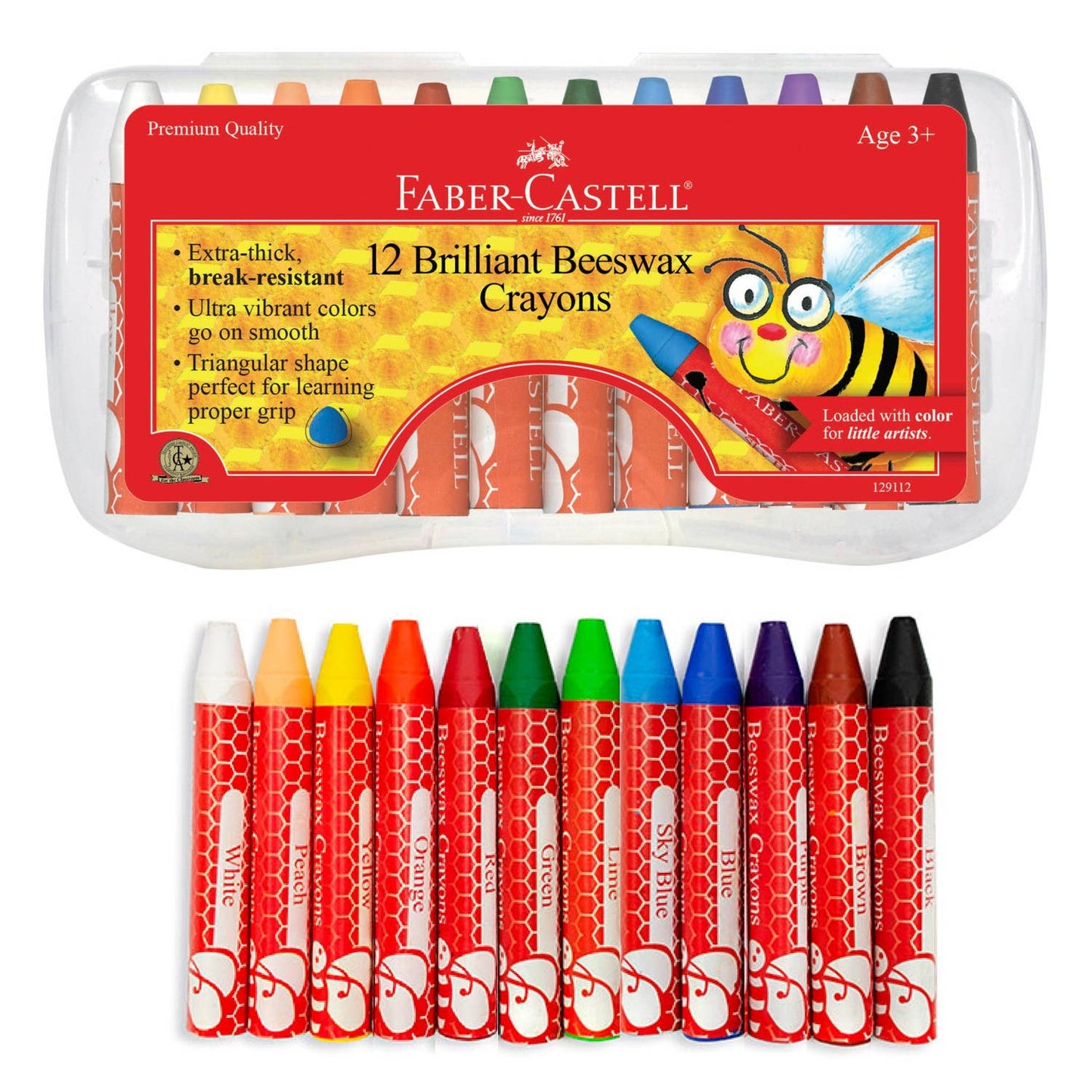Faber-Castell crayon set with colorful crayons and a bee illustration on the packaging.