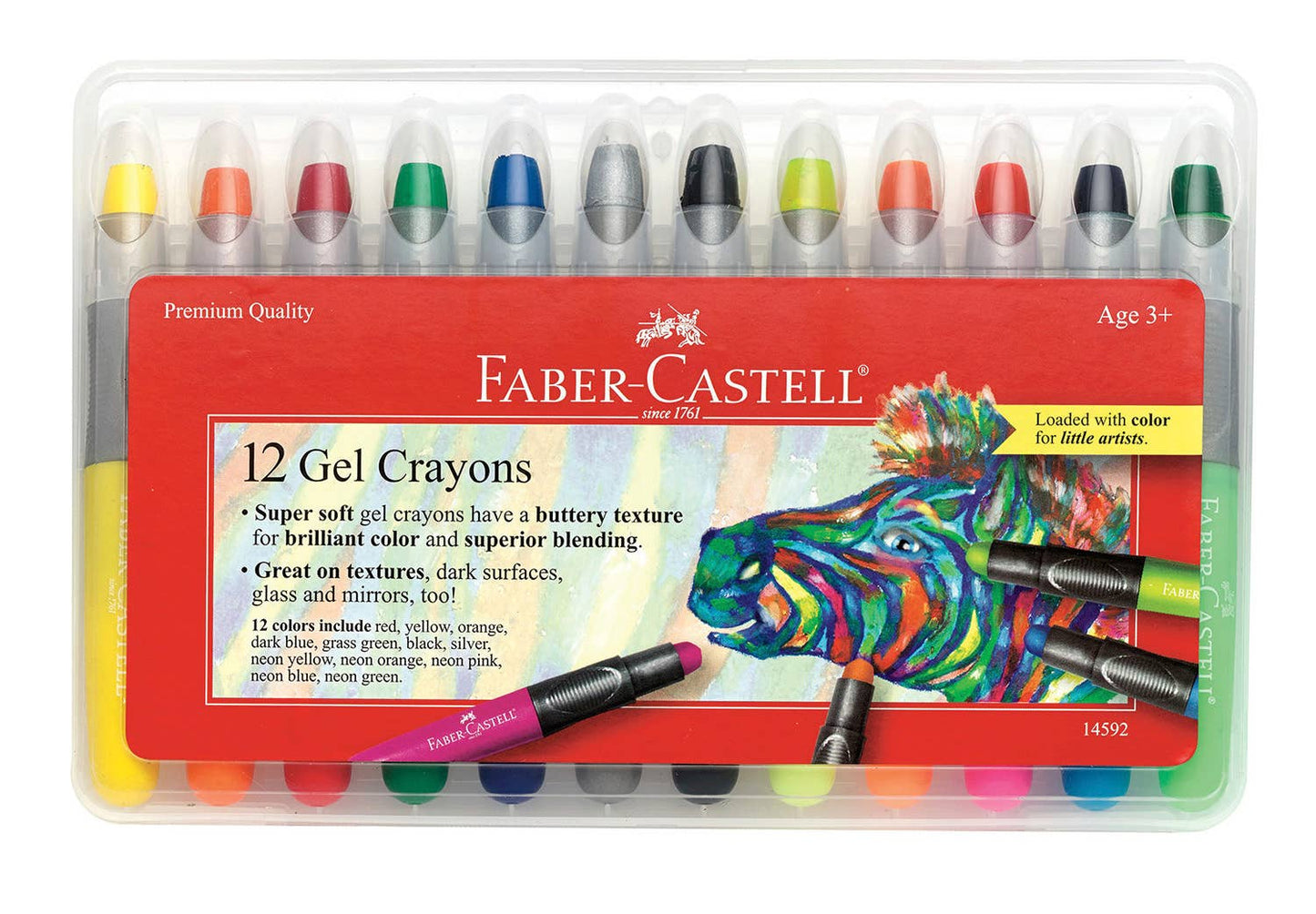 Faber-Castell gel crayons set with colorful packaging on a white background