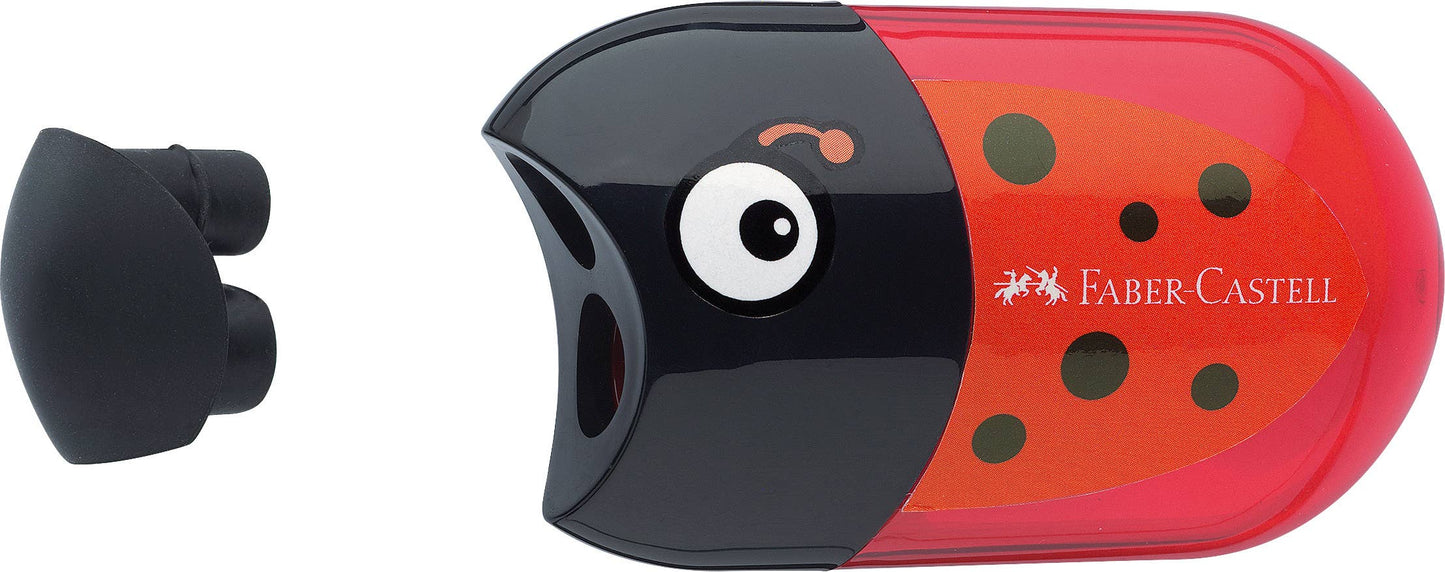 Faber-Castell ladybug-shaped pencil sharpener with a black and red design.