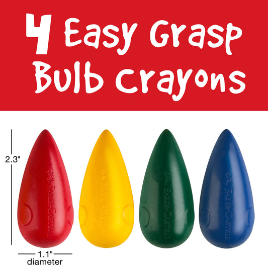 Four easy grasp bulb crayons in red, yellow, green, and blue on a white background with text indicating '4 Easy Grasp Bulb Crayons'.