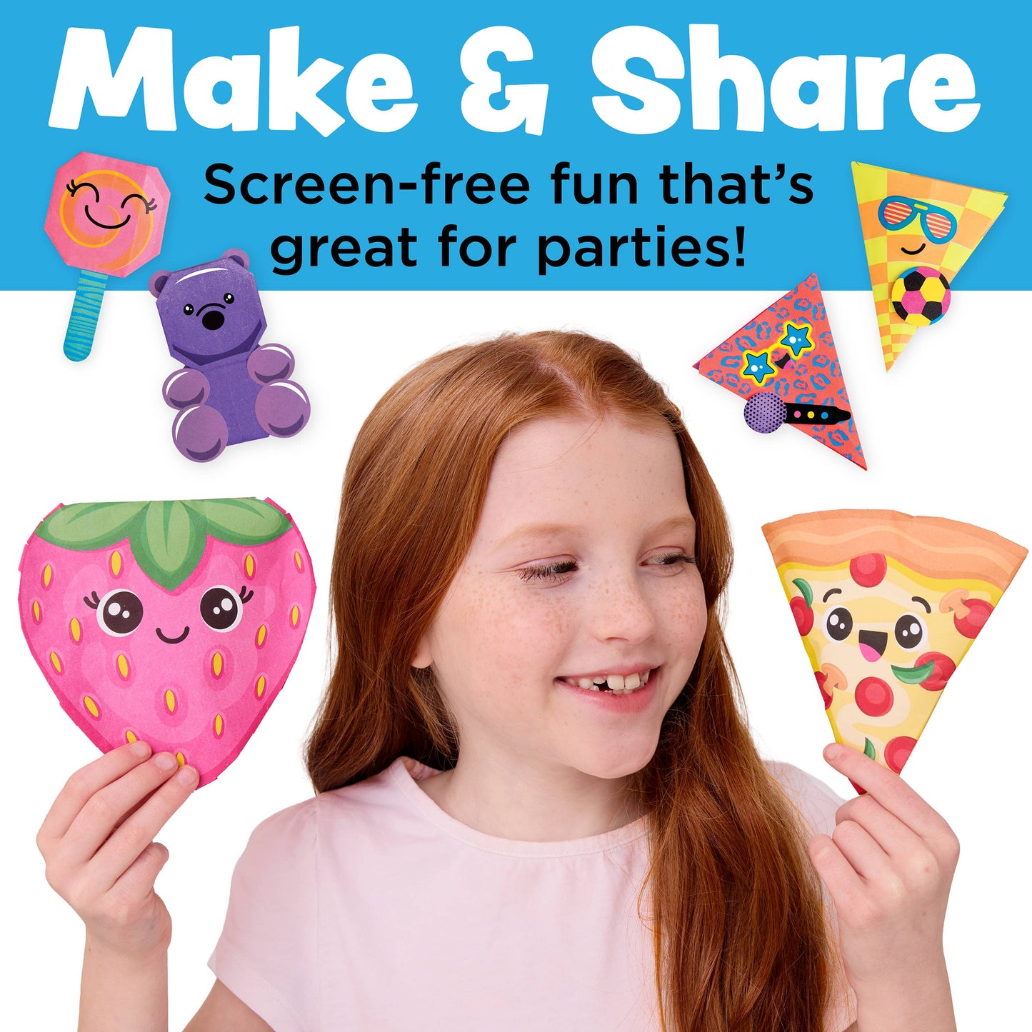 Girl holding colorful paper crafts with text 'Make & Share' and 'Screen-free fun that's great for parties!' on a blue background.