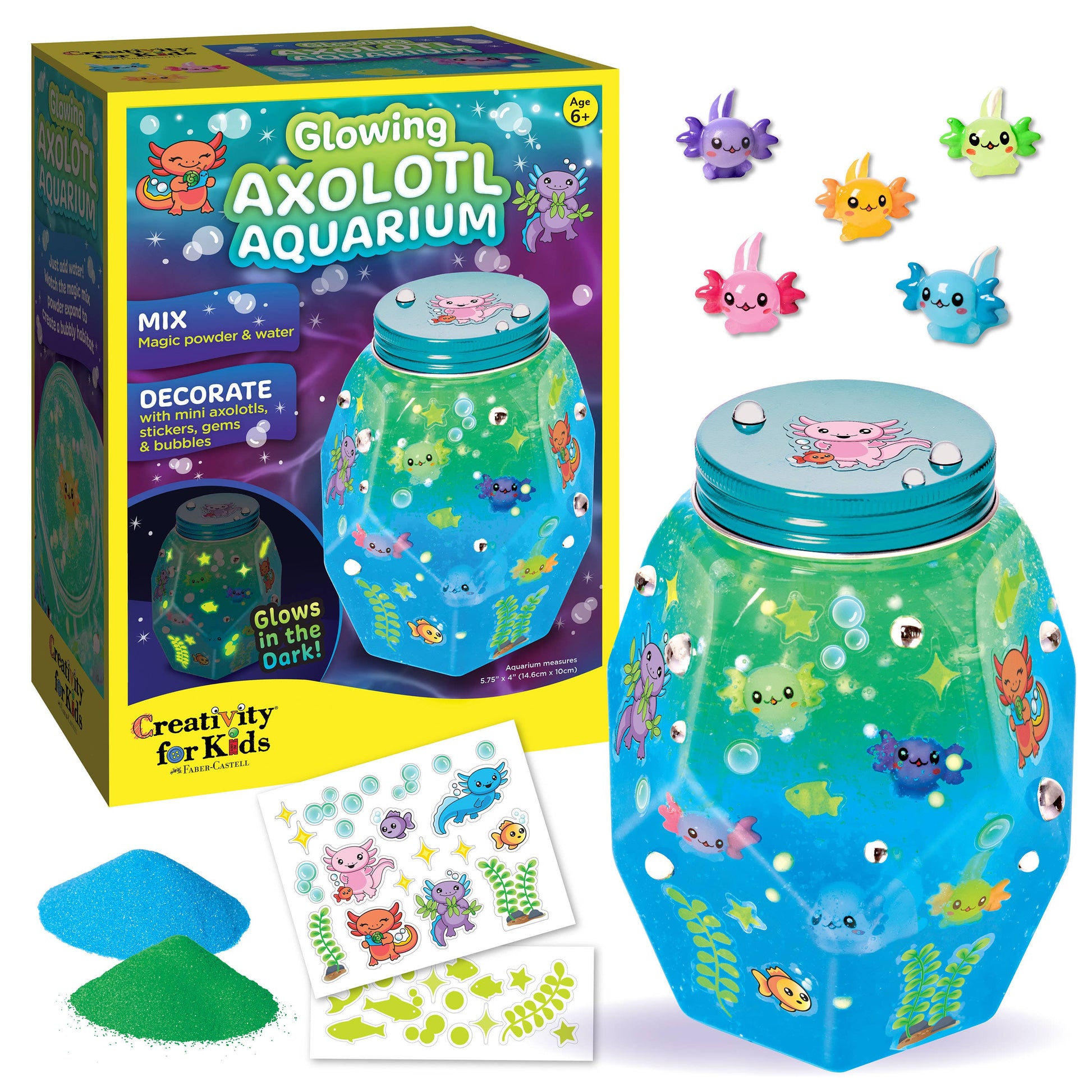 Glowing Axolotl Aquarium set with packaging and axolotl figures on a white background