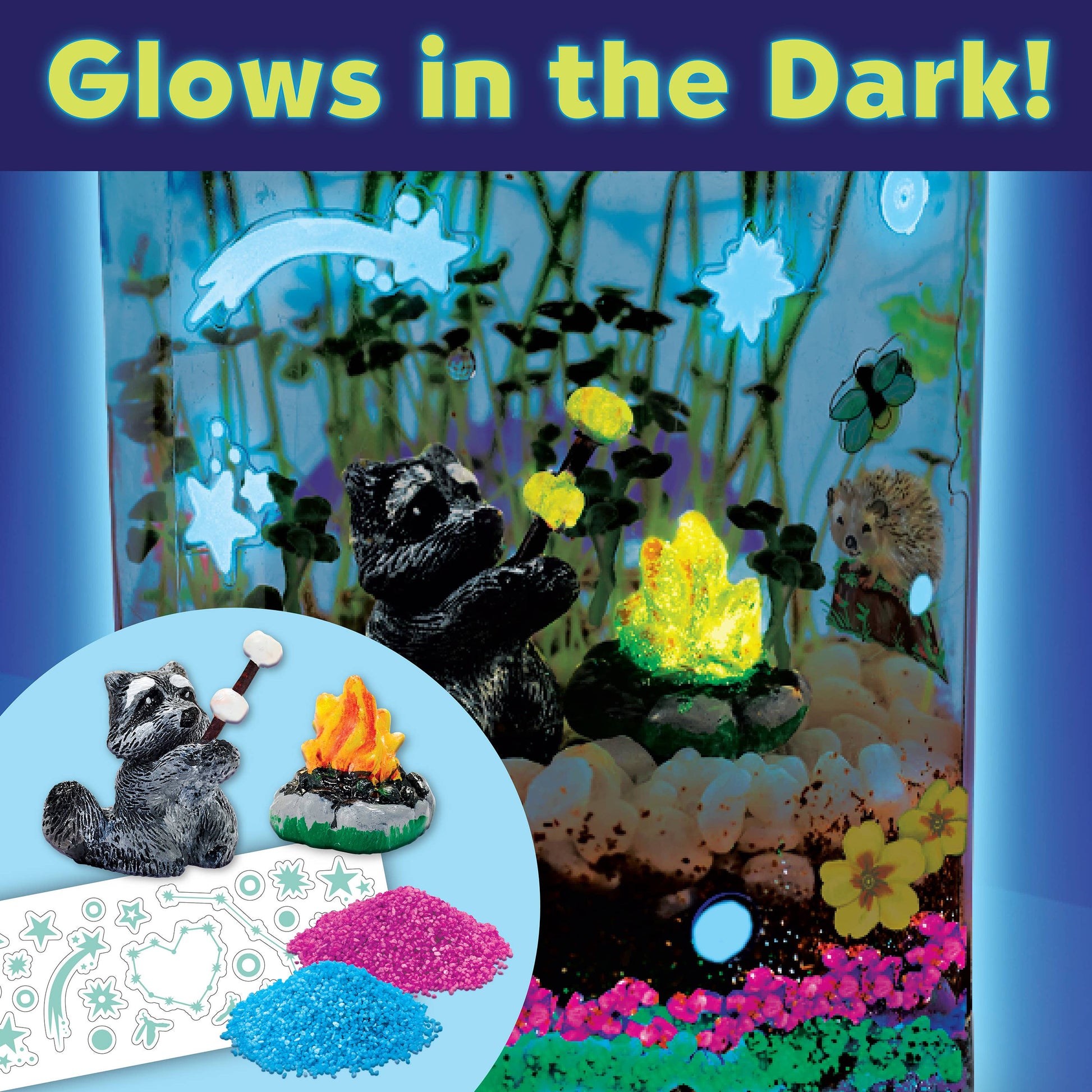 Glowing nighttime scene with animals and plants, featuring text 'Glow in the Dark!'.