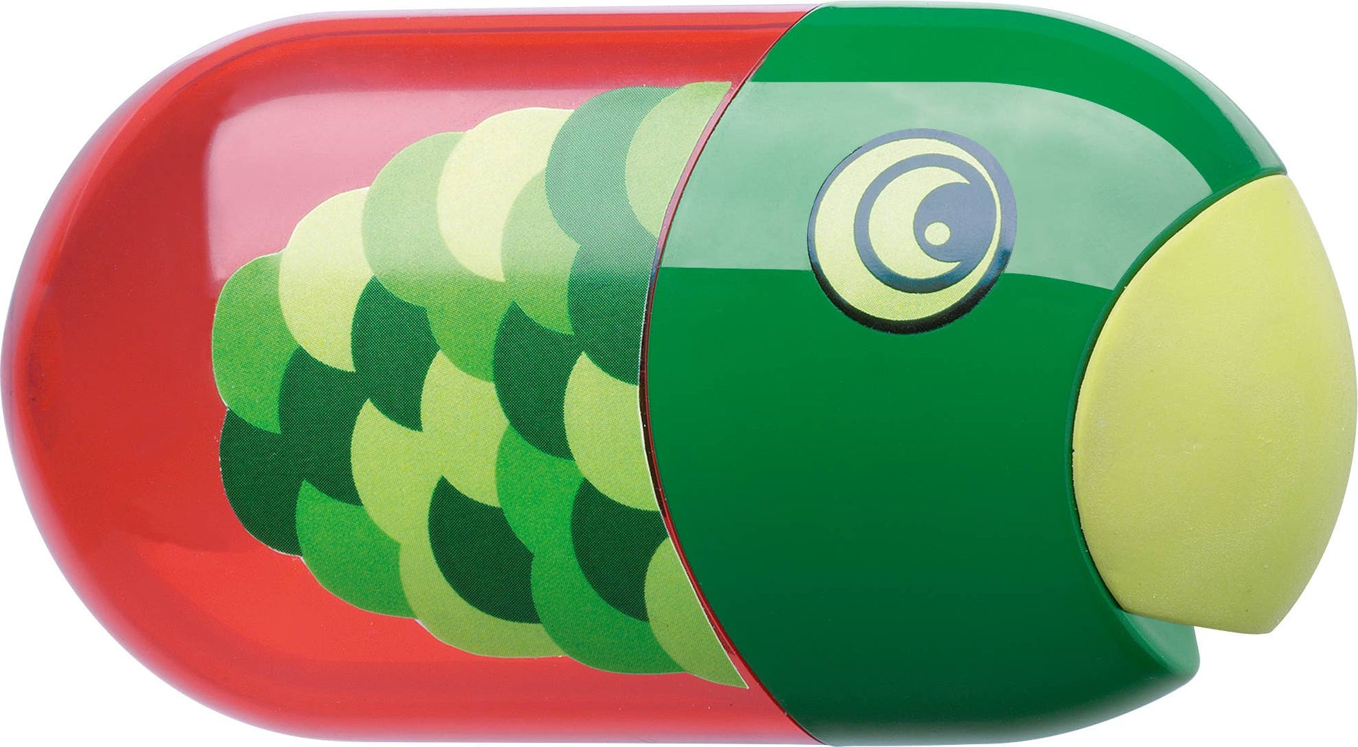 Green and red toy with a parrot design on a white background