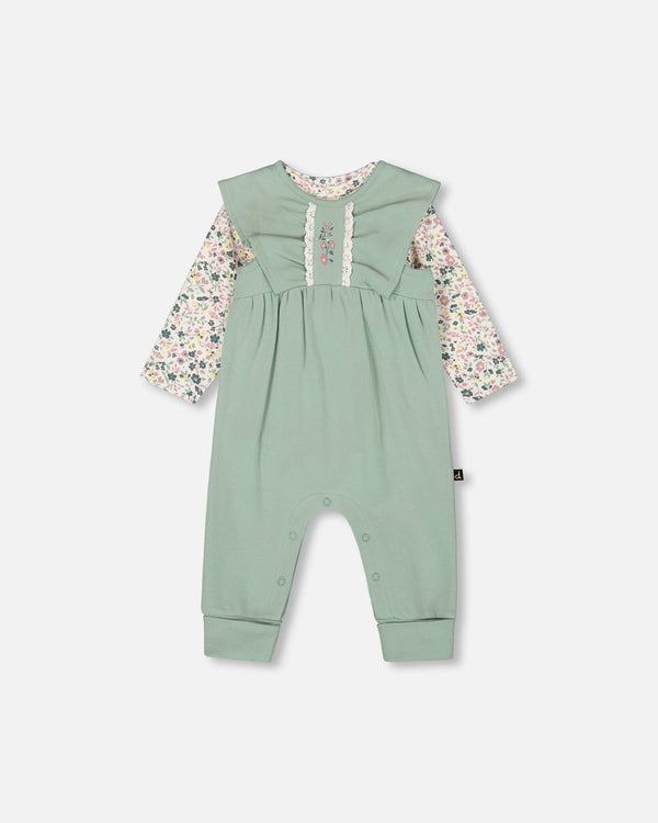 Deux par Deux - Organic Cotton Bodysuit And Sleeveless Overalls Set Jade Green