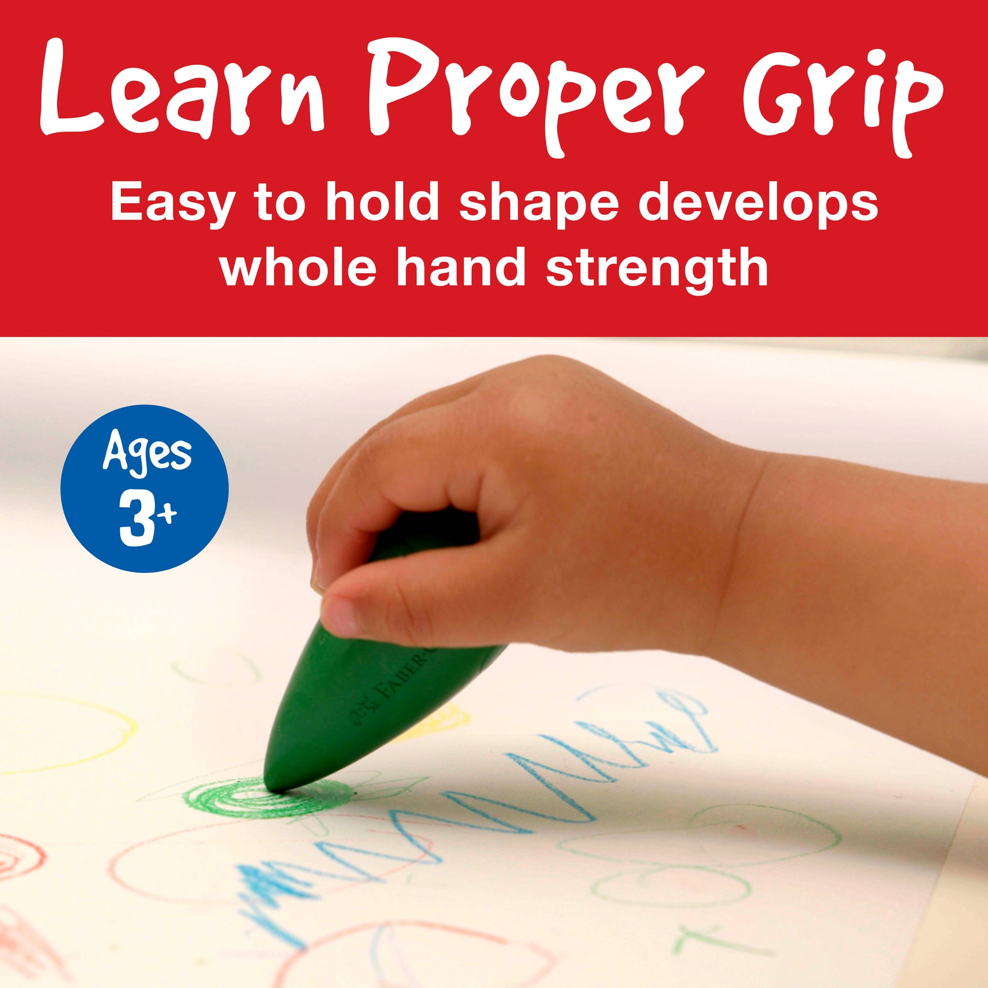 Hand holding a green crayon with text about learning proper grip and hand strength development.