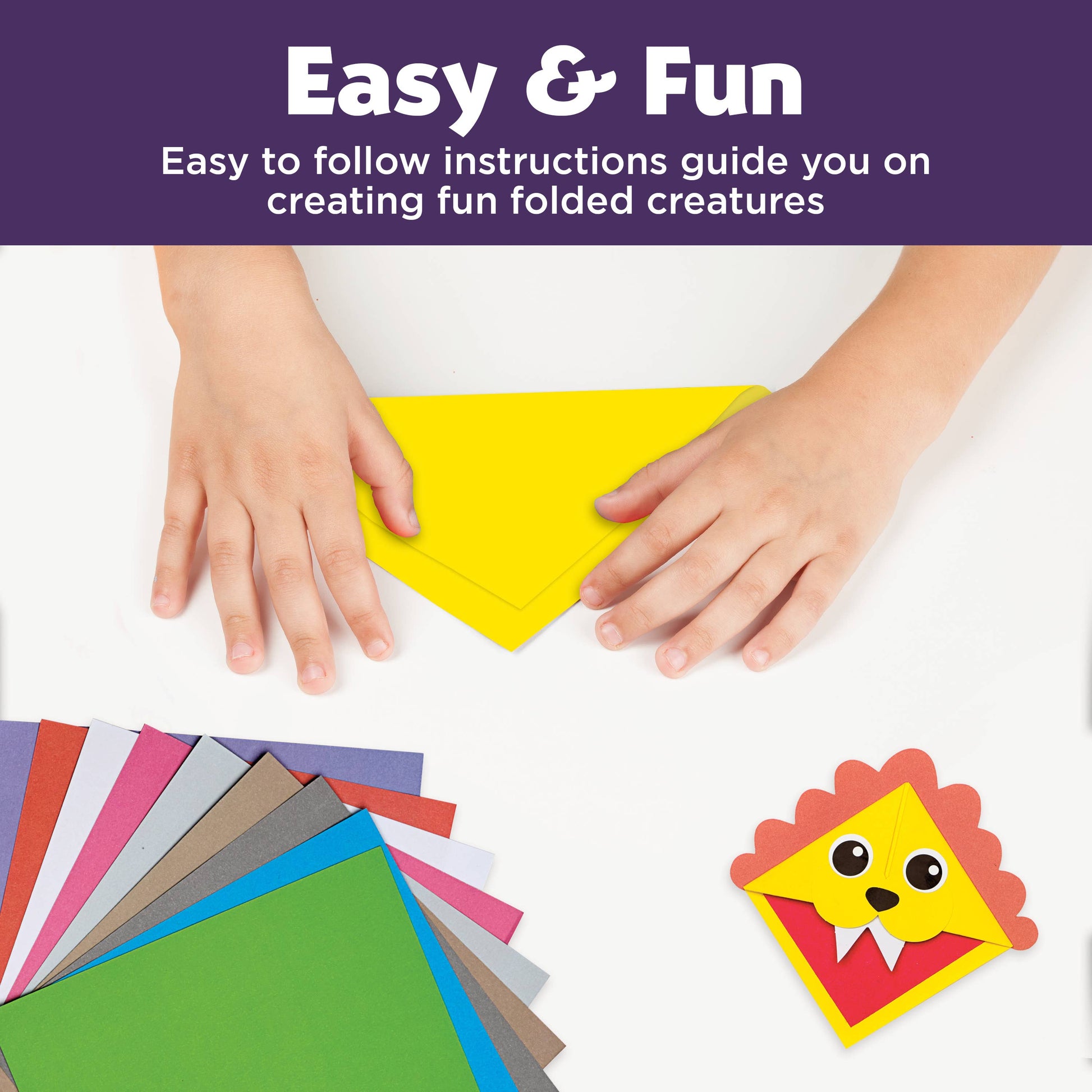 Hands folding colorful paper with text about an easy and fun craft activity.