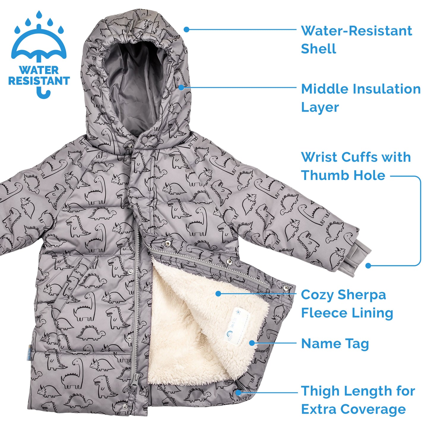 Jan & Jul Glacier Dino | Toasty-Dry Puffy Coat