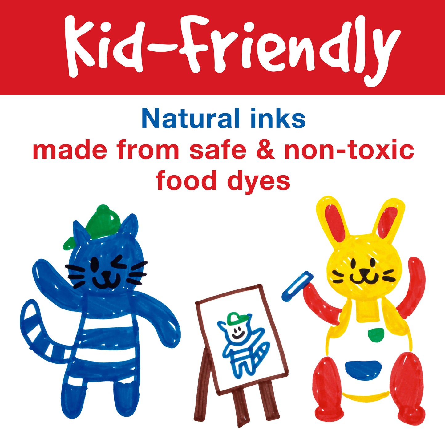 Illustration of a blue cat and red rabbit with a drawing of a blue cat on an easel, set against a red background with text about natural inks.