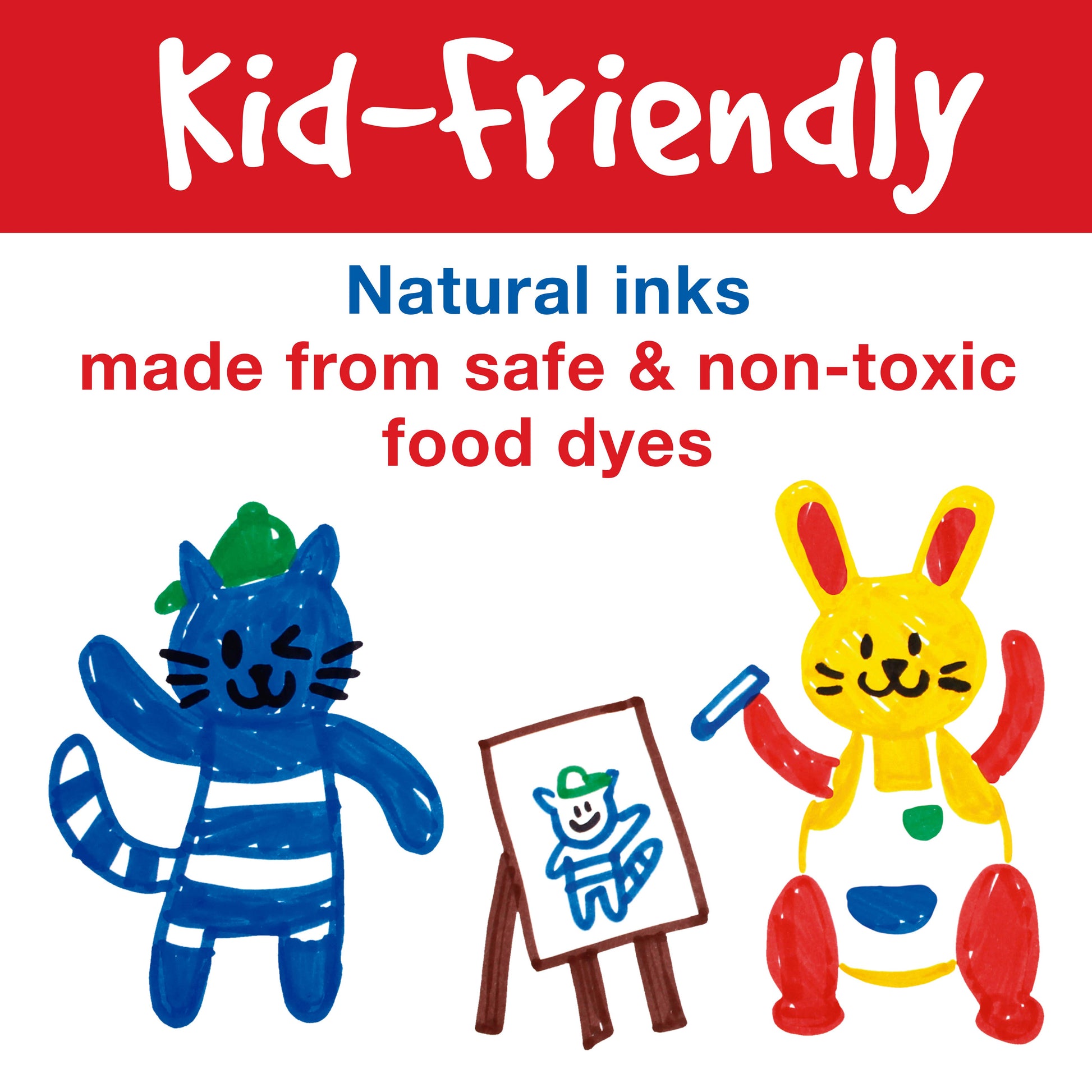 Illustration of a blue cat and red rabbit with a drawing of a blue cat on an easel, set against a red background with text about natural inks.