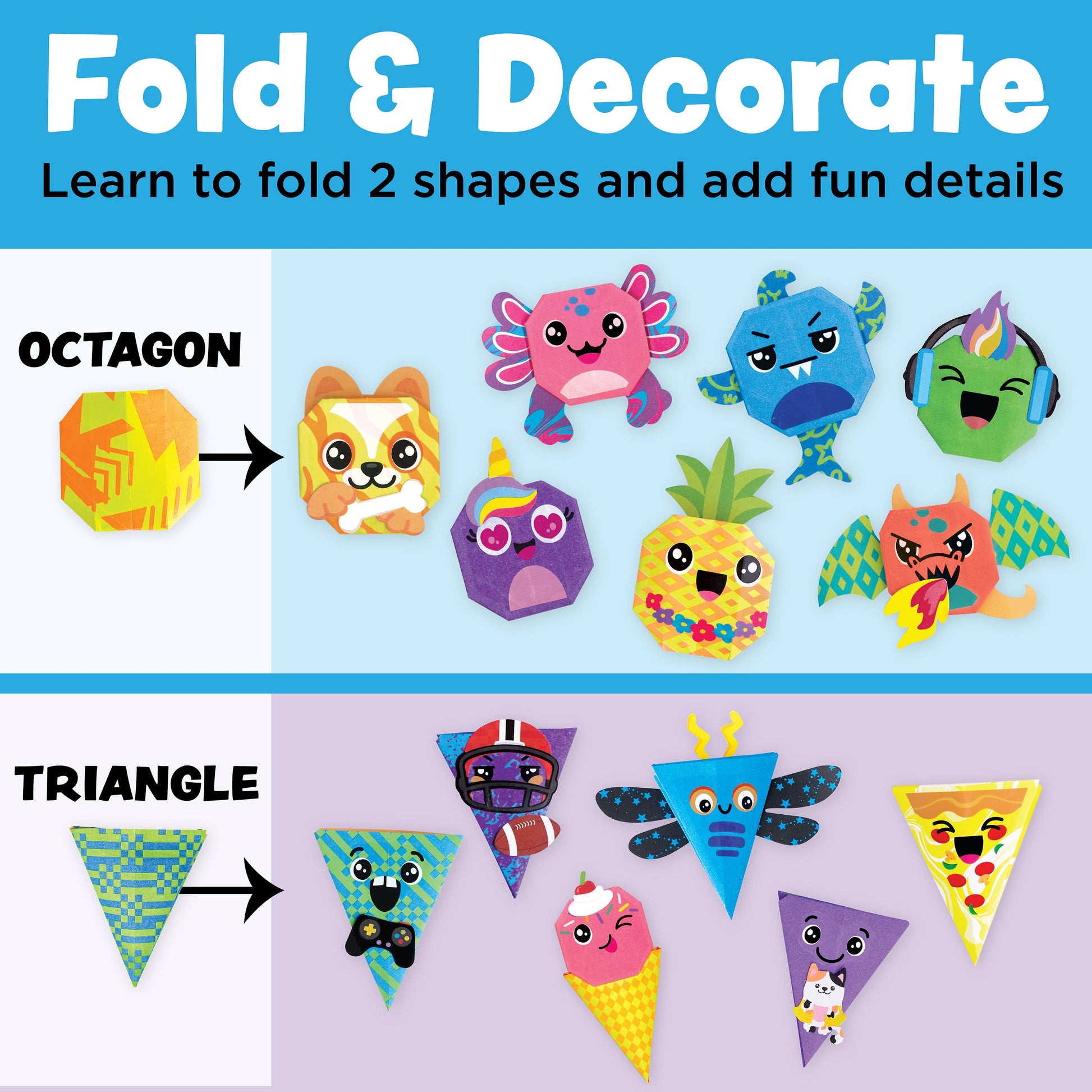 Instructions for folding octagon and triangle shapes with colorful, cartoon-like characters on a blue and purple background.