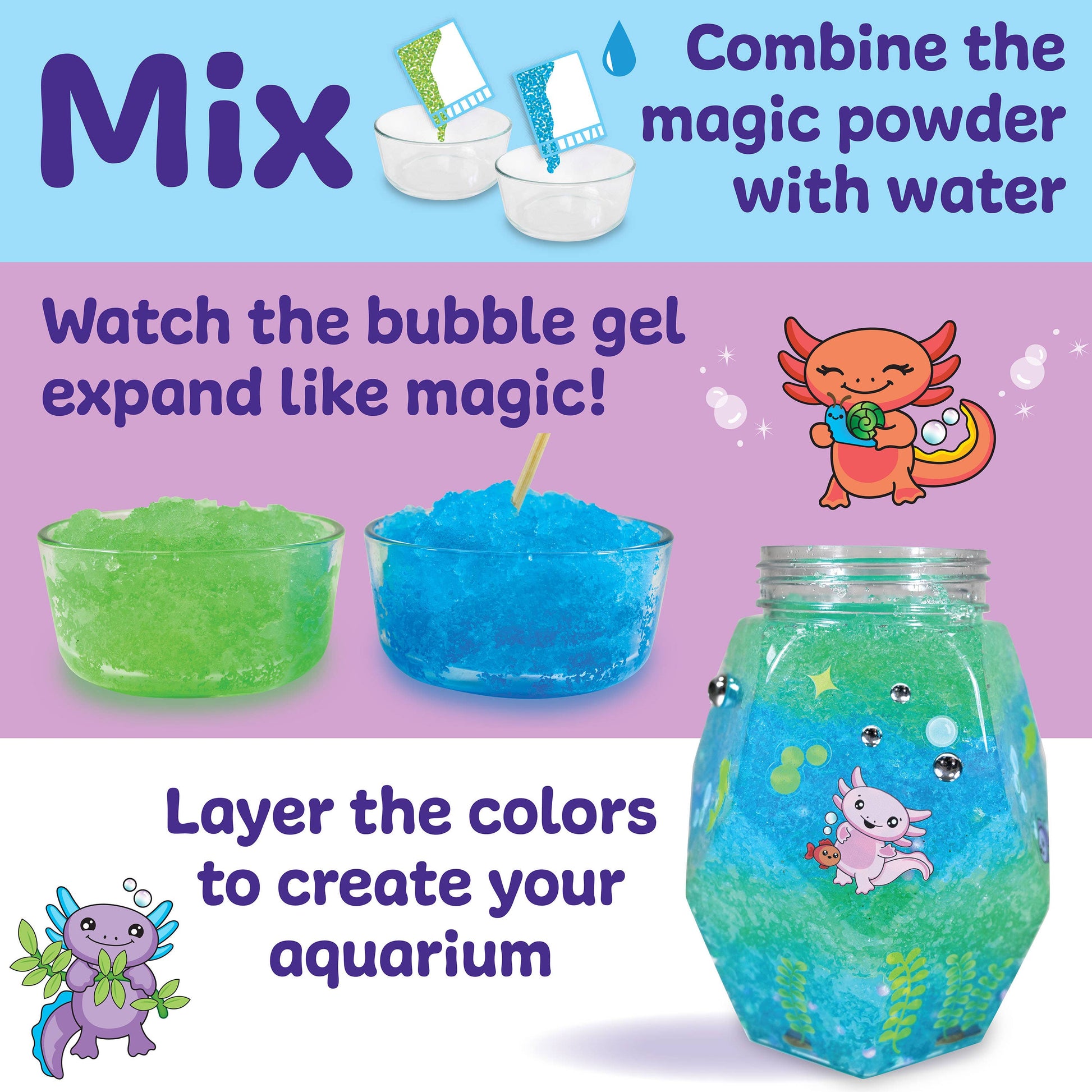 Instructions for mixing magic powder with water to create bubble gel, with colorful bowls and a jar of gel on a purple background.