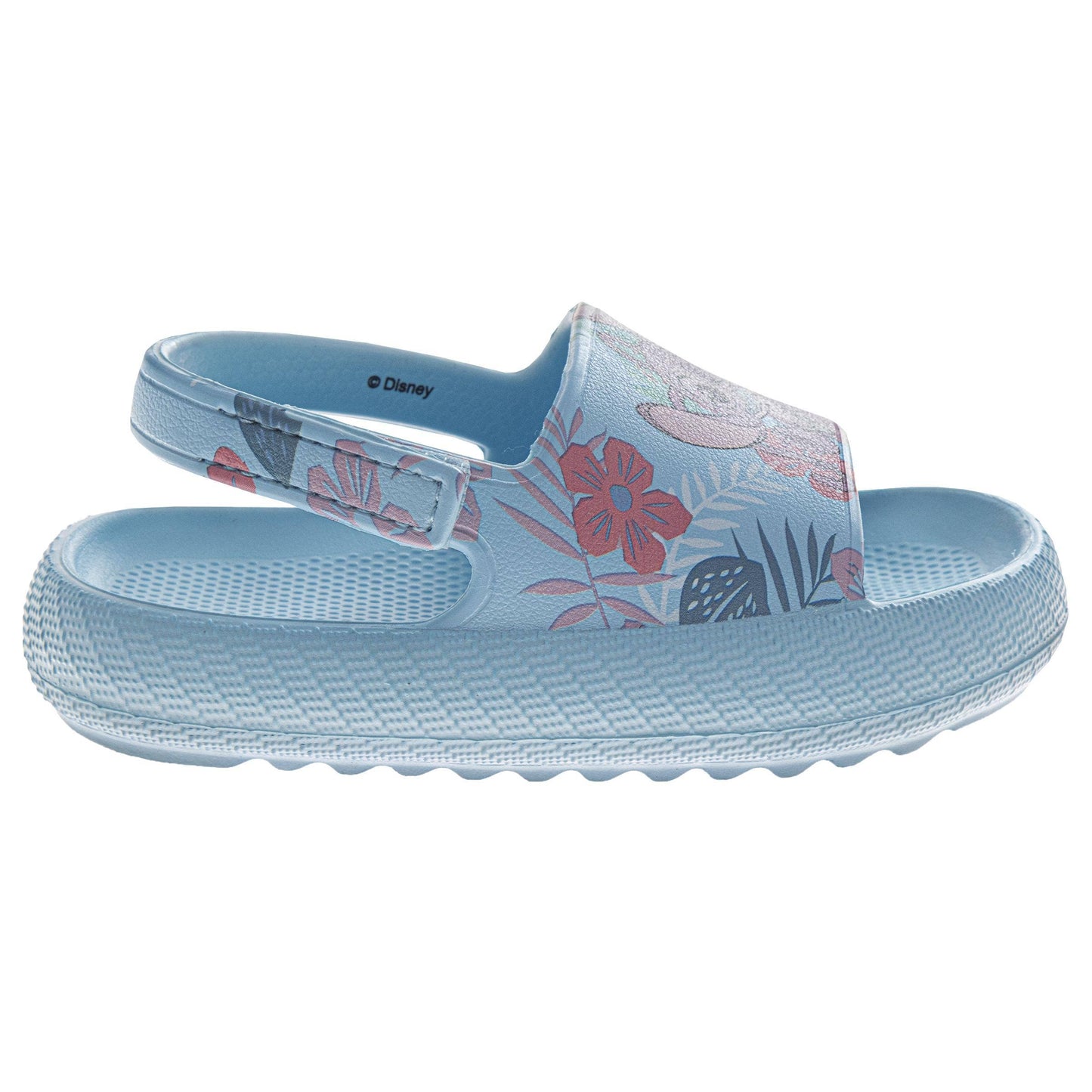 Light blue sandal with floral design on a white background