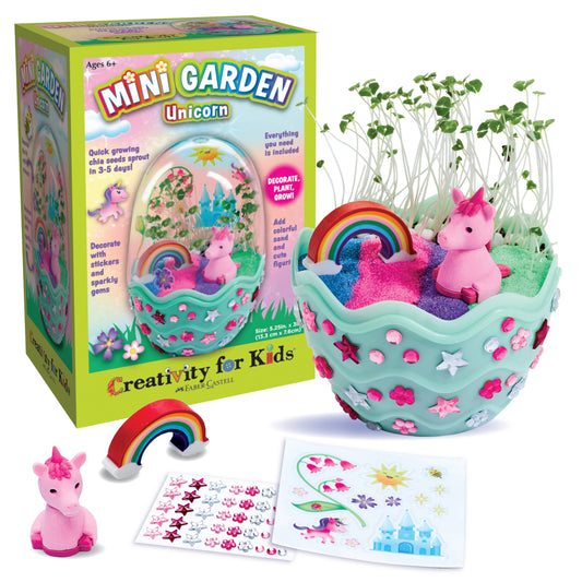 Mini garden set with unicorn and rainbow design, including packaging and accessories, on a white background.