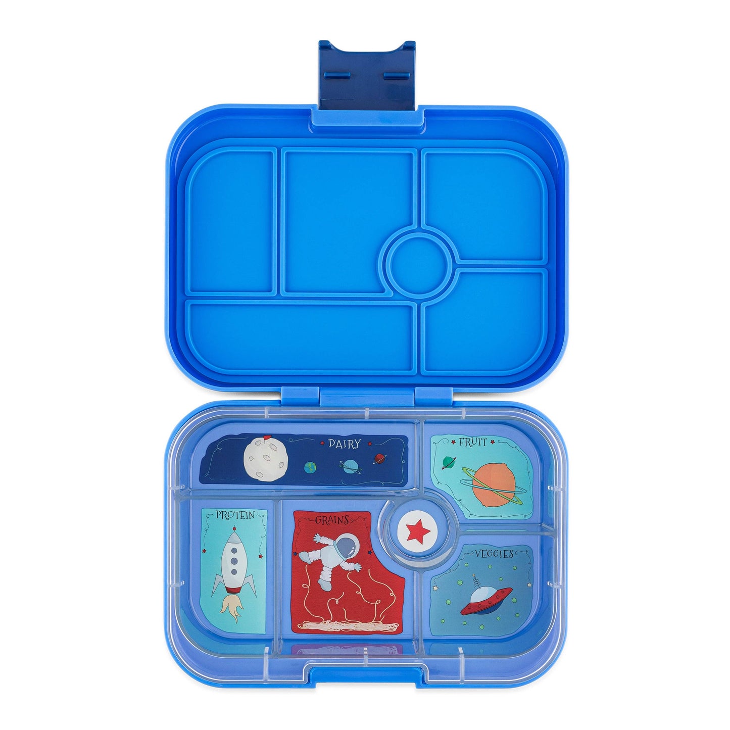 Open blue Yumbox with printed space design inside, on a white 