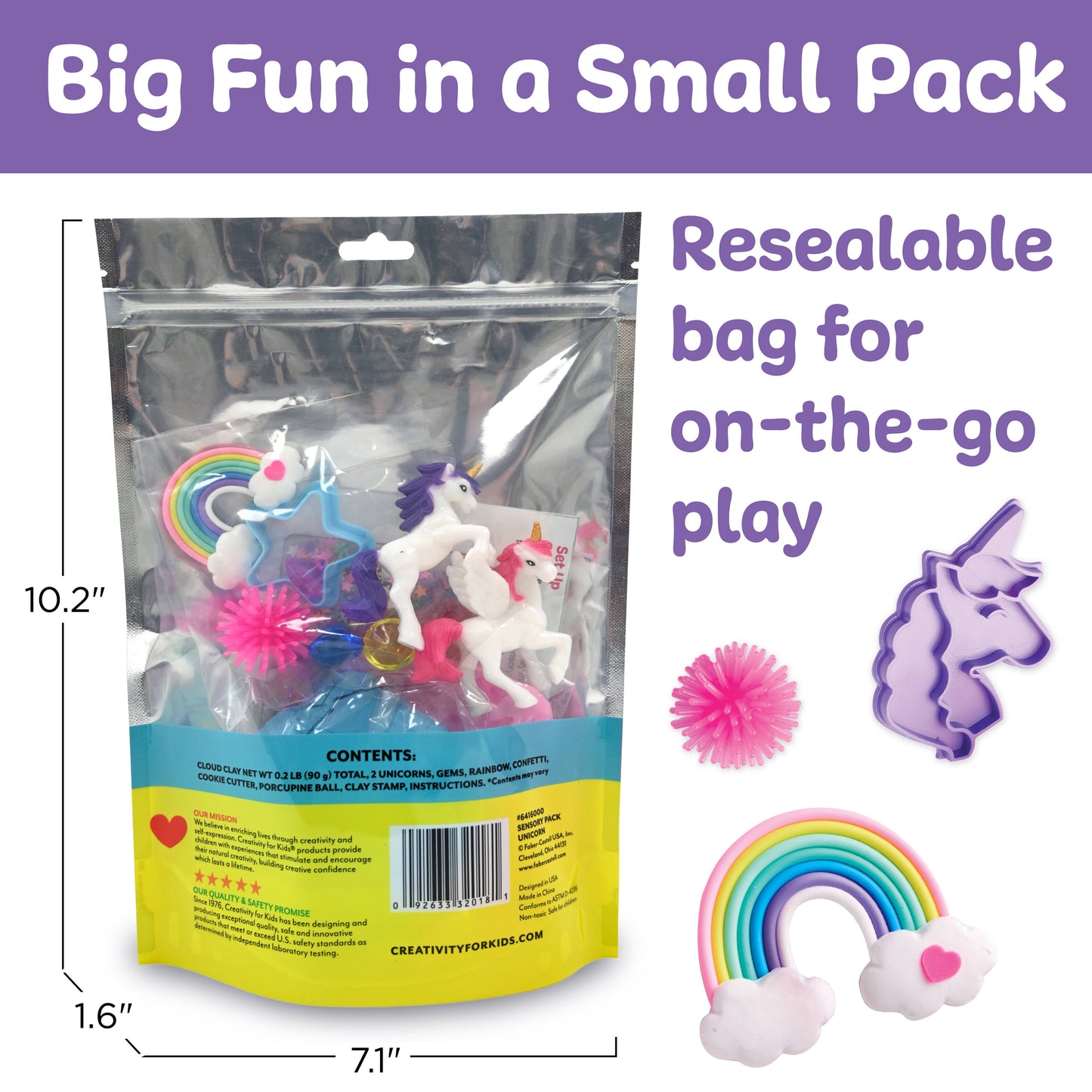 Packaged toy set with unicorn and rainbow designs, resellable bag for on-the-go play.